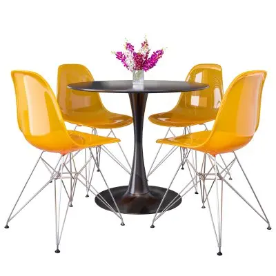 5-Piece Dining Set 35" Round Dining Table in Black Iron - 4 ABS Plastic Side Chair in Chrome - Transparent Orange