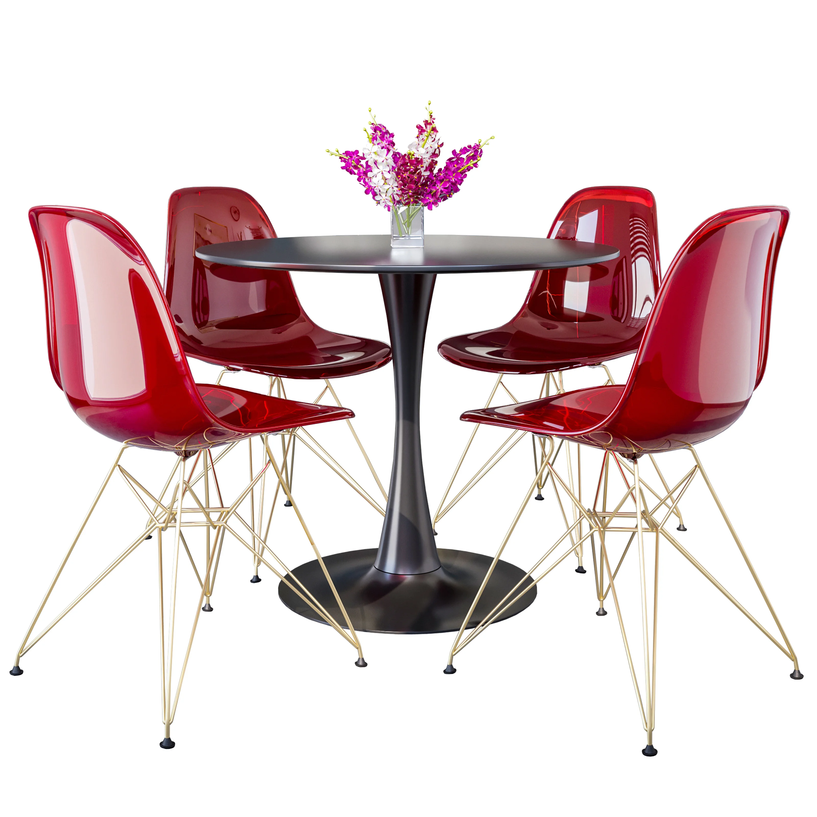 5-Piece Dining Set 35" Round Dining Table in Black Iron - 4 ABS Plastic Side Chair in Chrome - Transparent Red