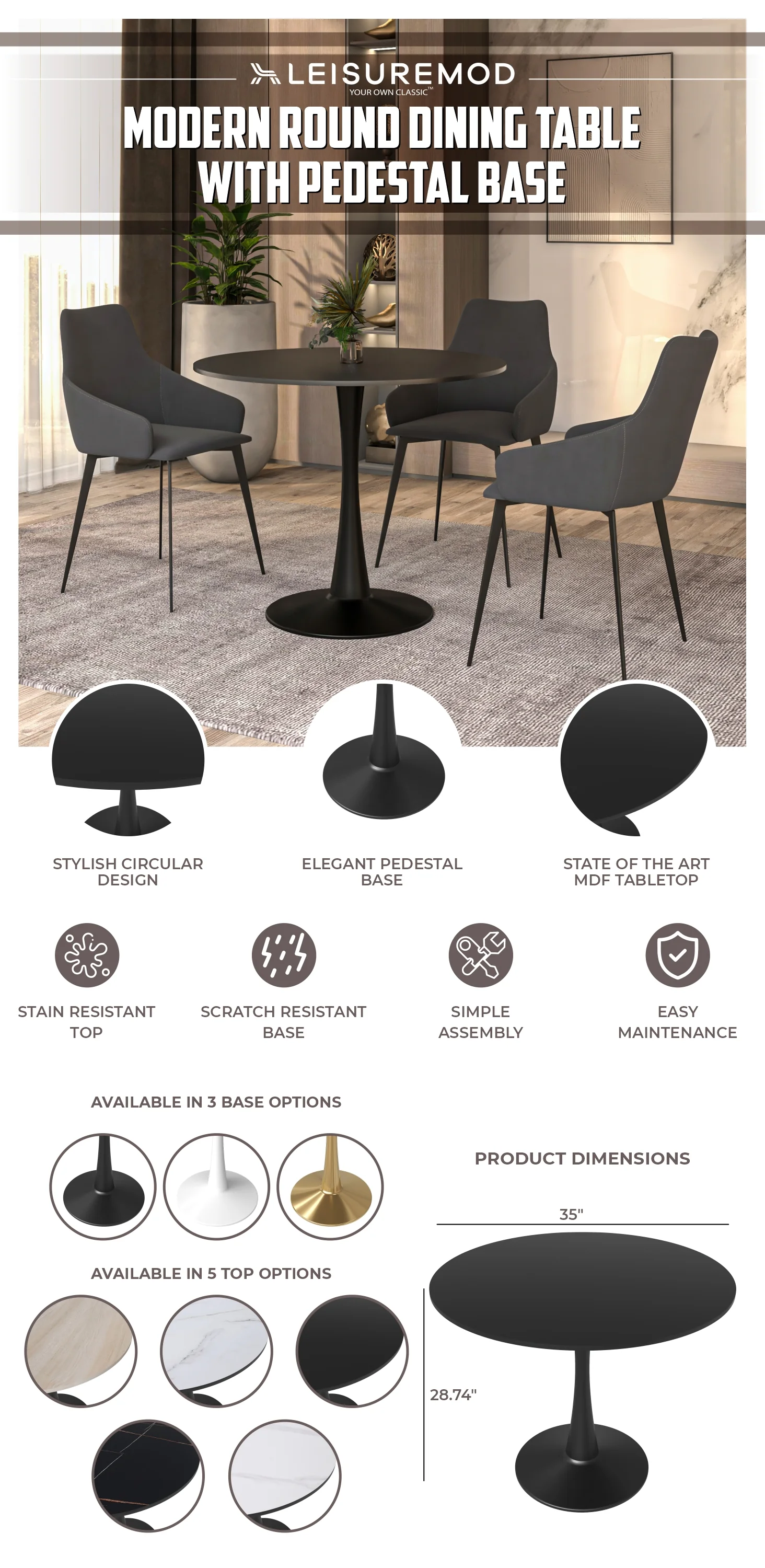 Bristol Mid-Century Modern Round Dining Table with Wood Top and Iron Pedestal Base with Gloss Finish for Kitchen and Dining Room