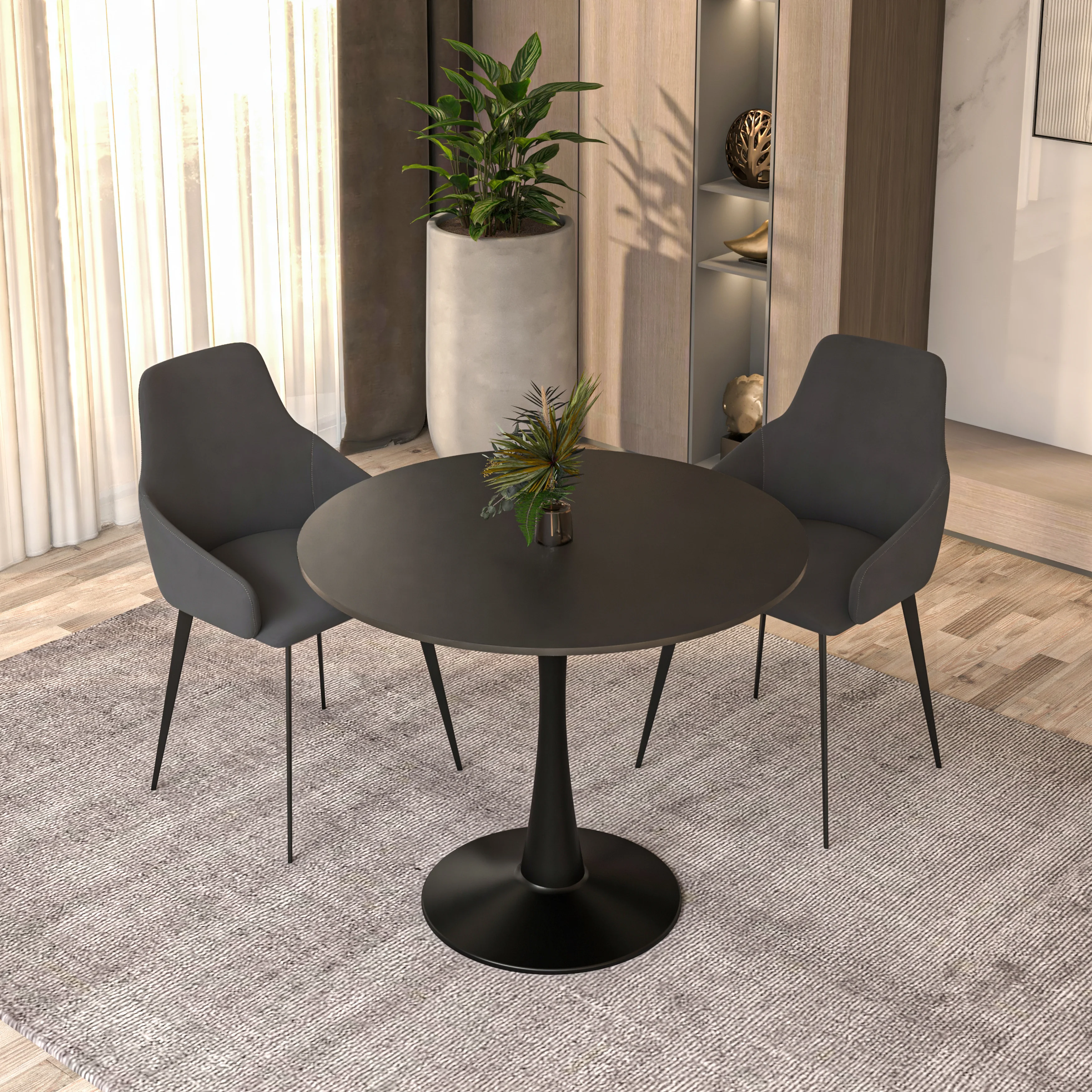 Bristol Mid-Century Modern Round Dining Table with Wood Top and Iron Pedestal Base with Gloss Finish for Kitchen and Dining Room