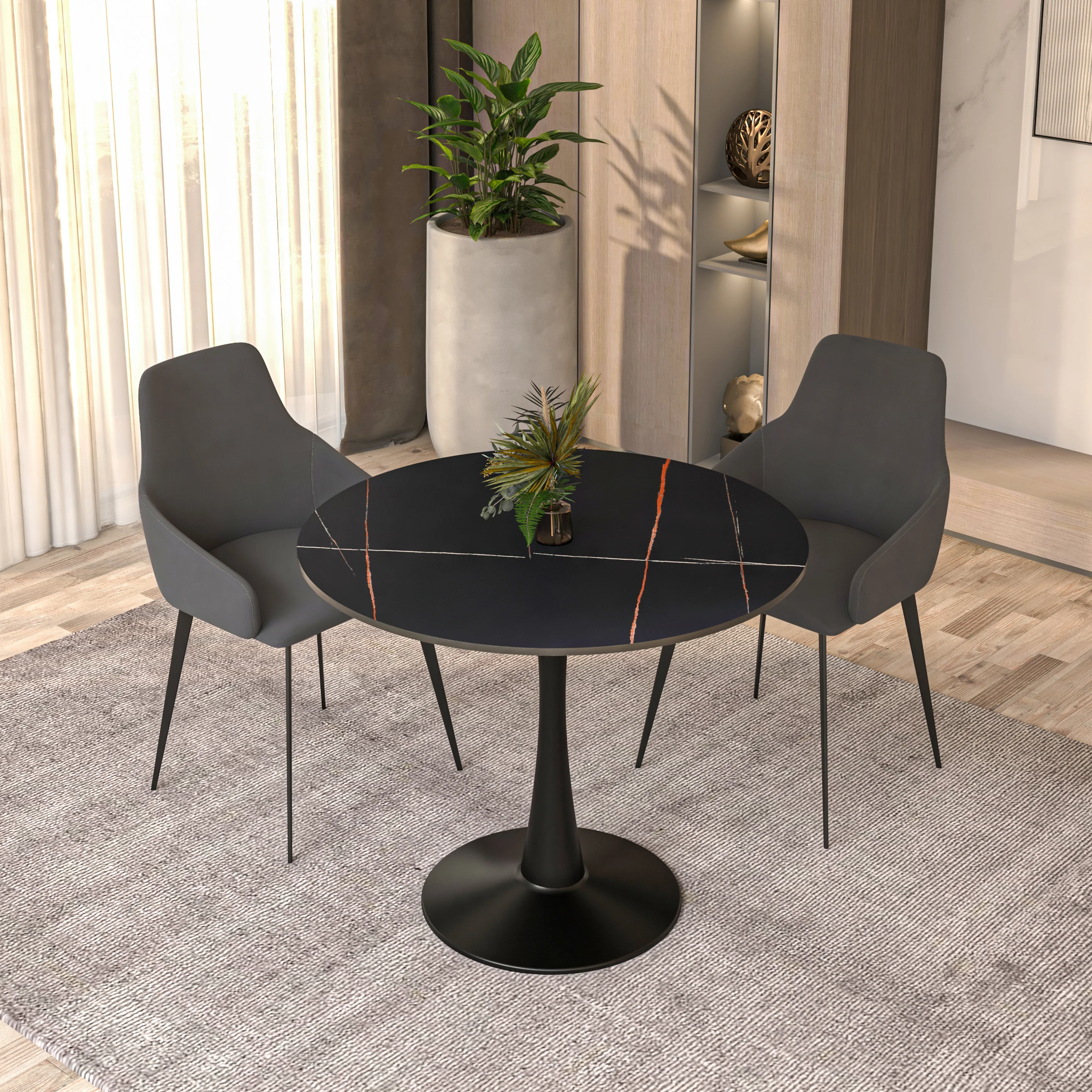 Bristol 35" round dining table Black base with Black Sintered stone Top