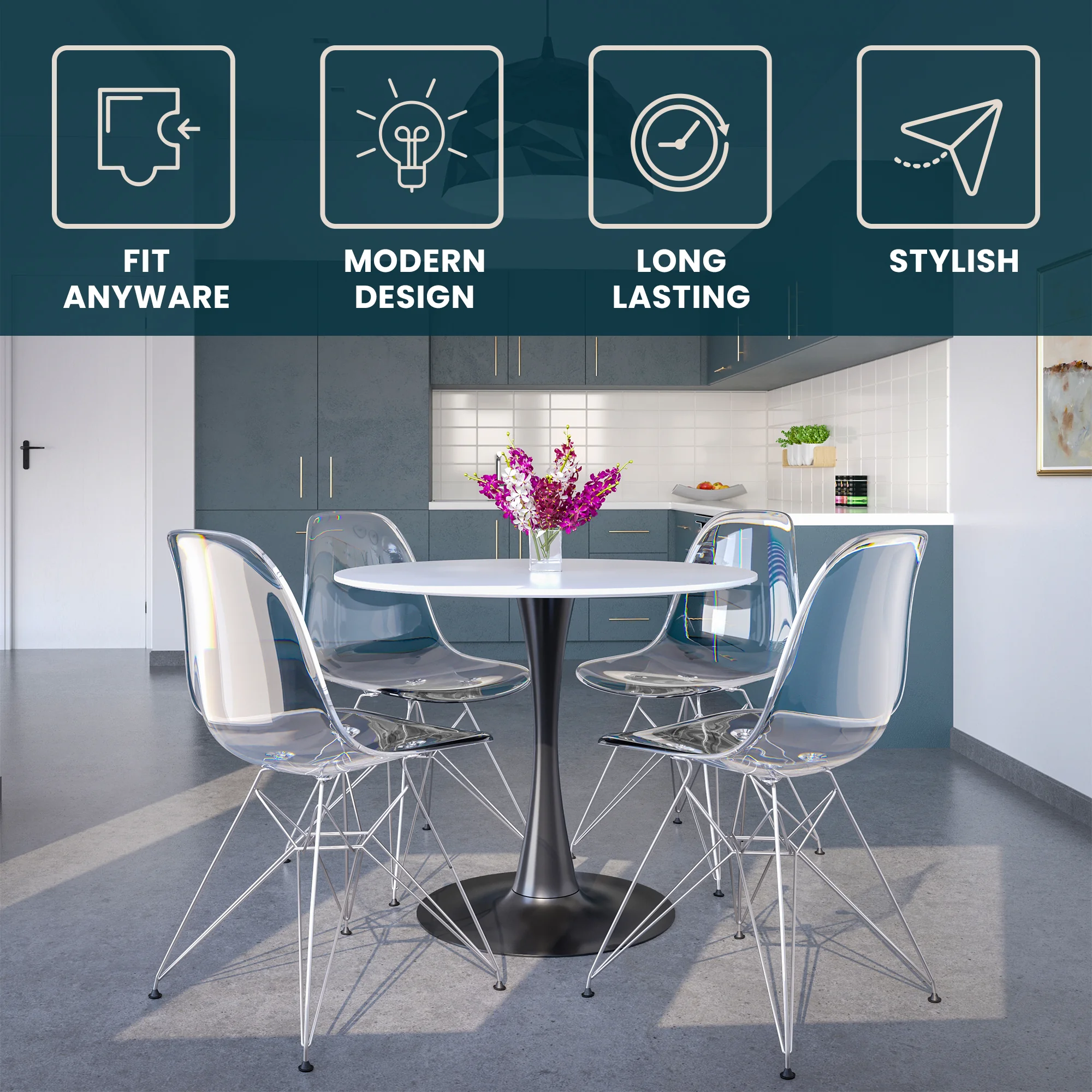 Bristol 35" round dining table Black base with marbled MDF top