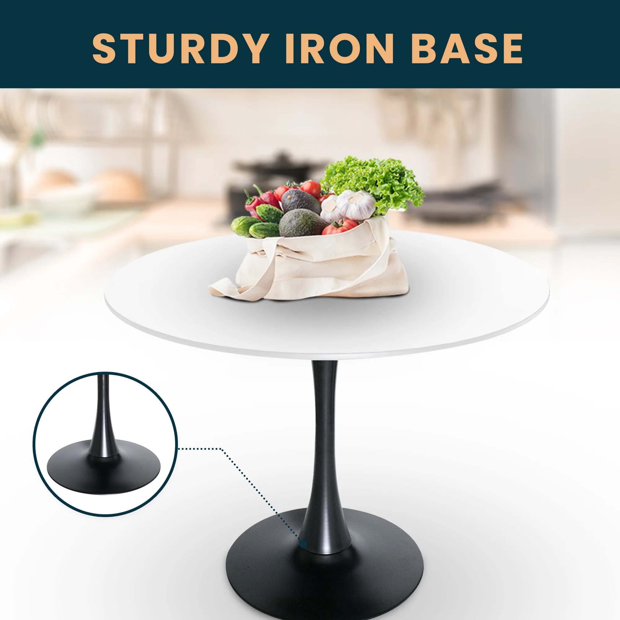 Bristol 35" round dining table Black base with marbled MDF top