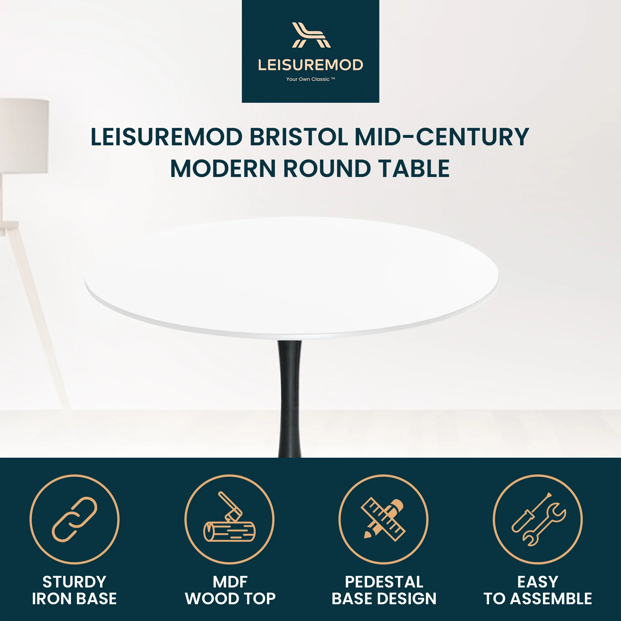 Bristol 35" round dining table Black base with marbled MDF top