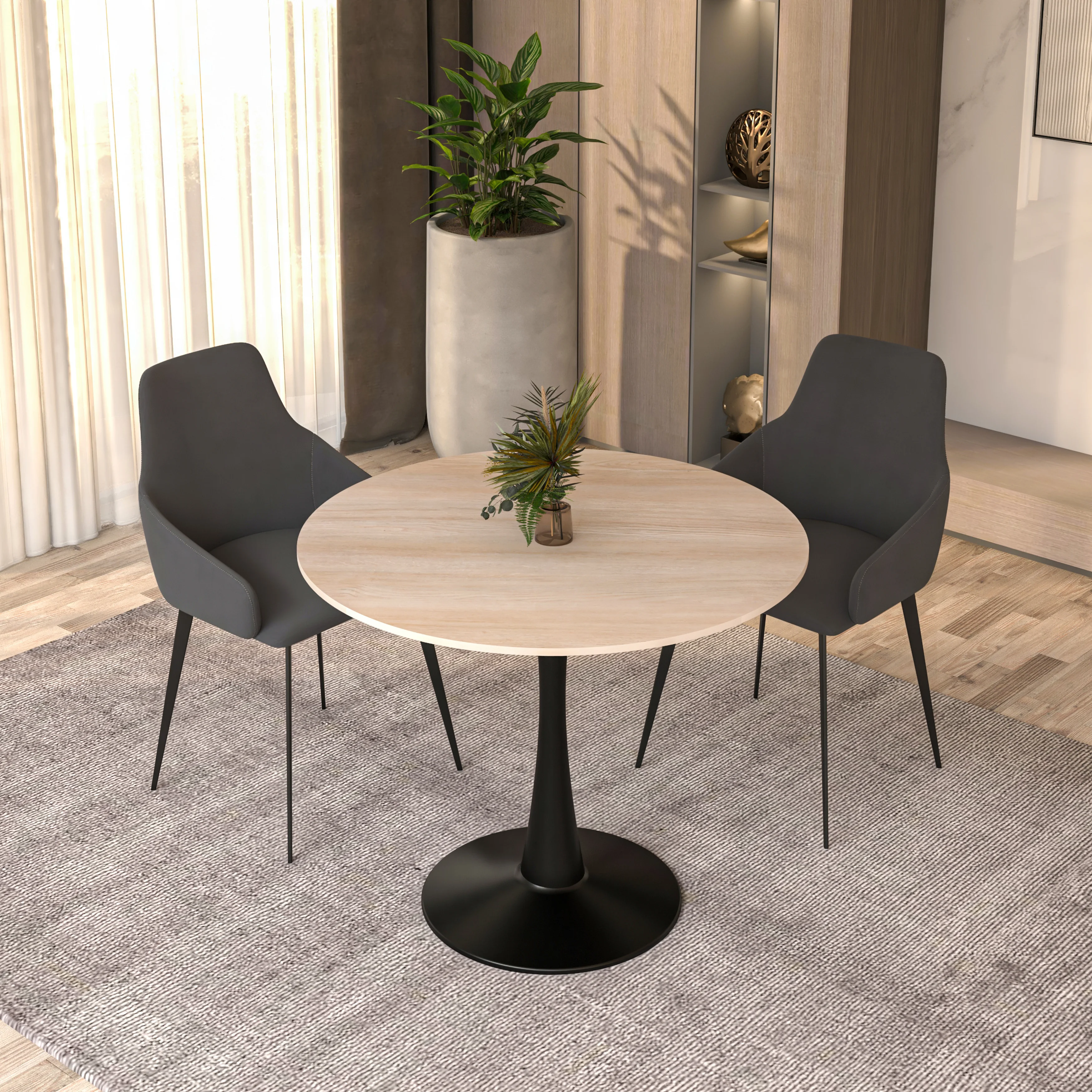 Bristol 35" Round Dining Table Black Base with Sintered Stone Natural Wood Top