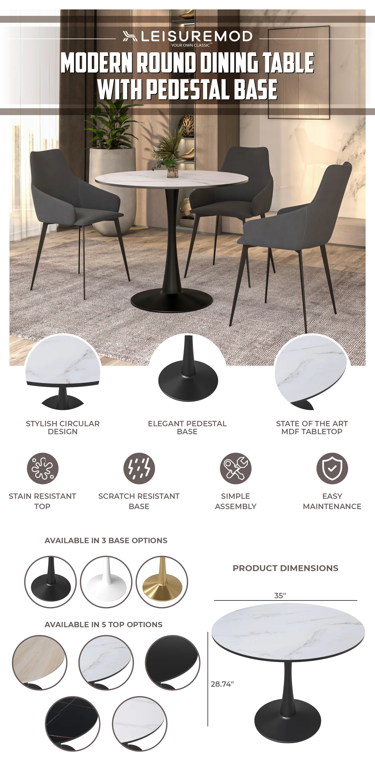 Bristol Mid-Century Modern Round Dining Table with Wood Top and Iron Pedestal Base with Gloss Finish for Kitchen and Dining Room