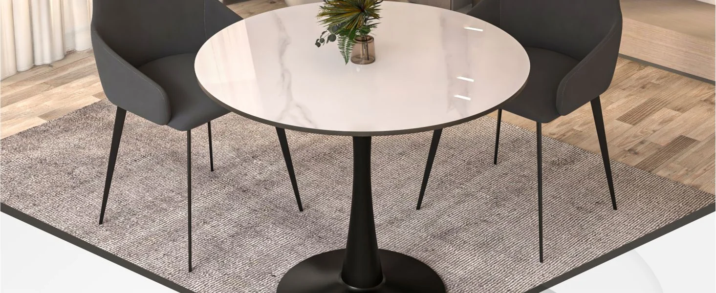 Bristol 35" round dining table Black base with White Sintered stone Top