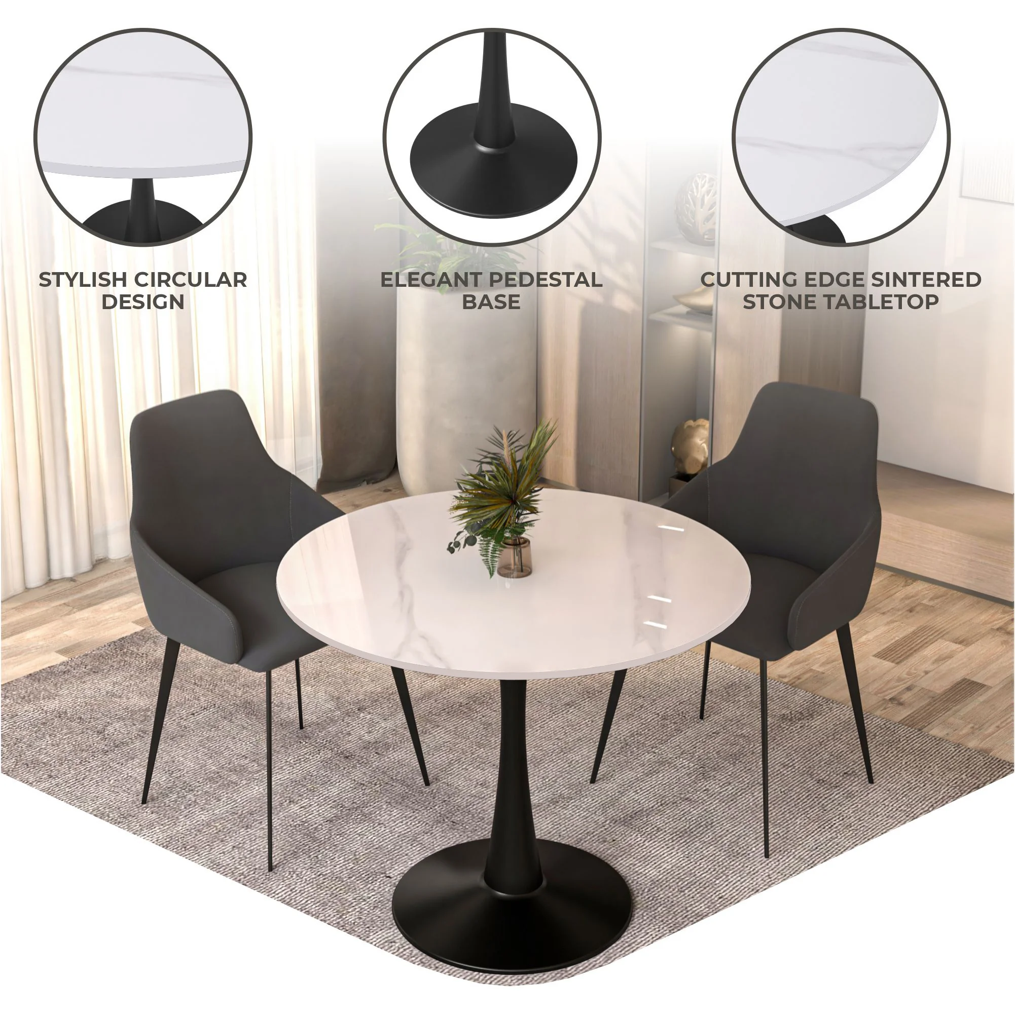 Bristol 35" round dining table Black base with White Sintered stone Top