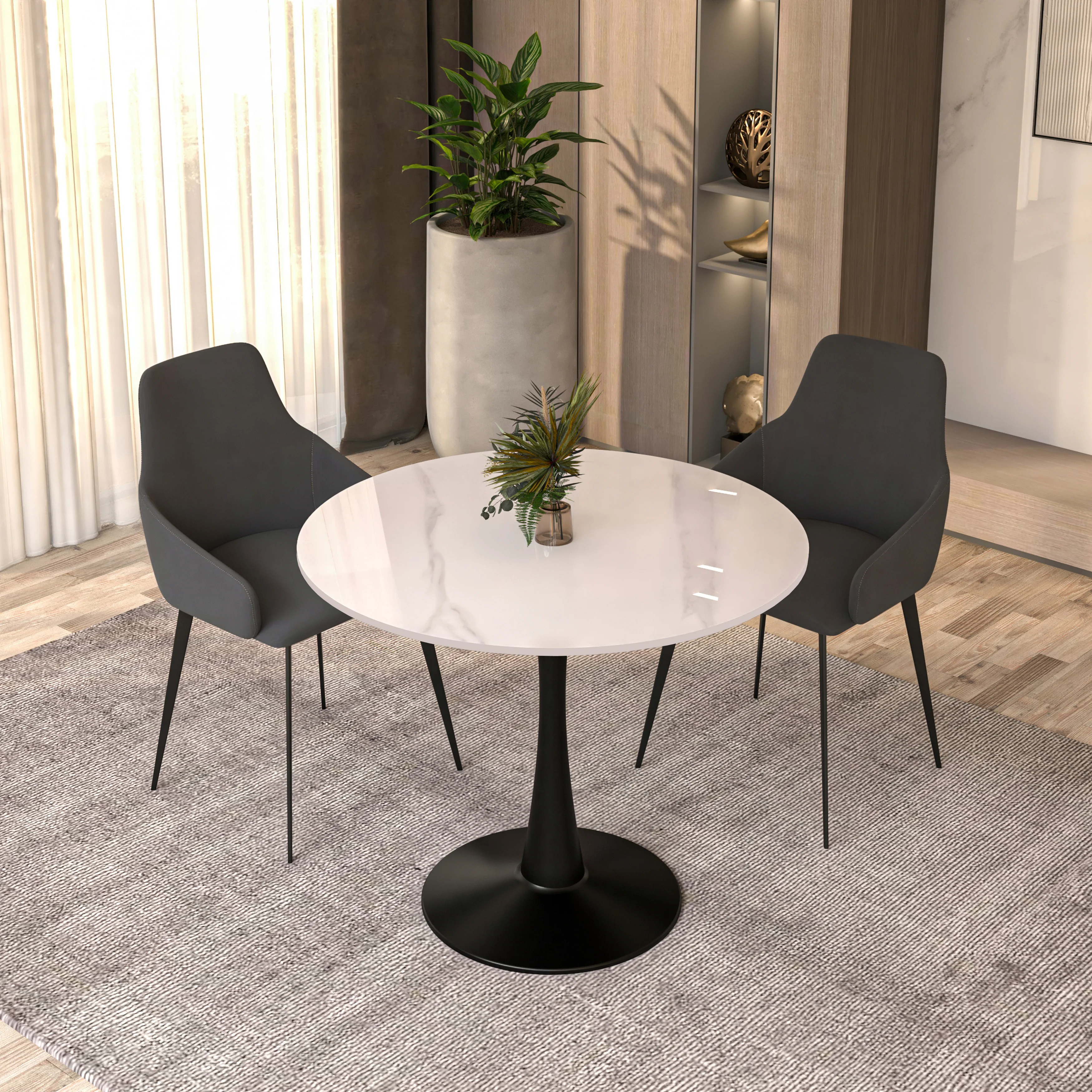 Bristol 35" round dining table Black base with White Sintered stone Top