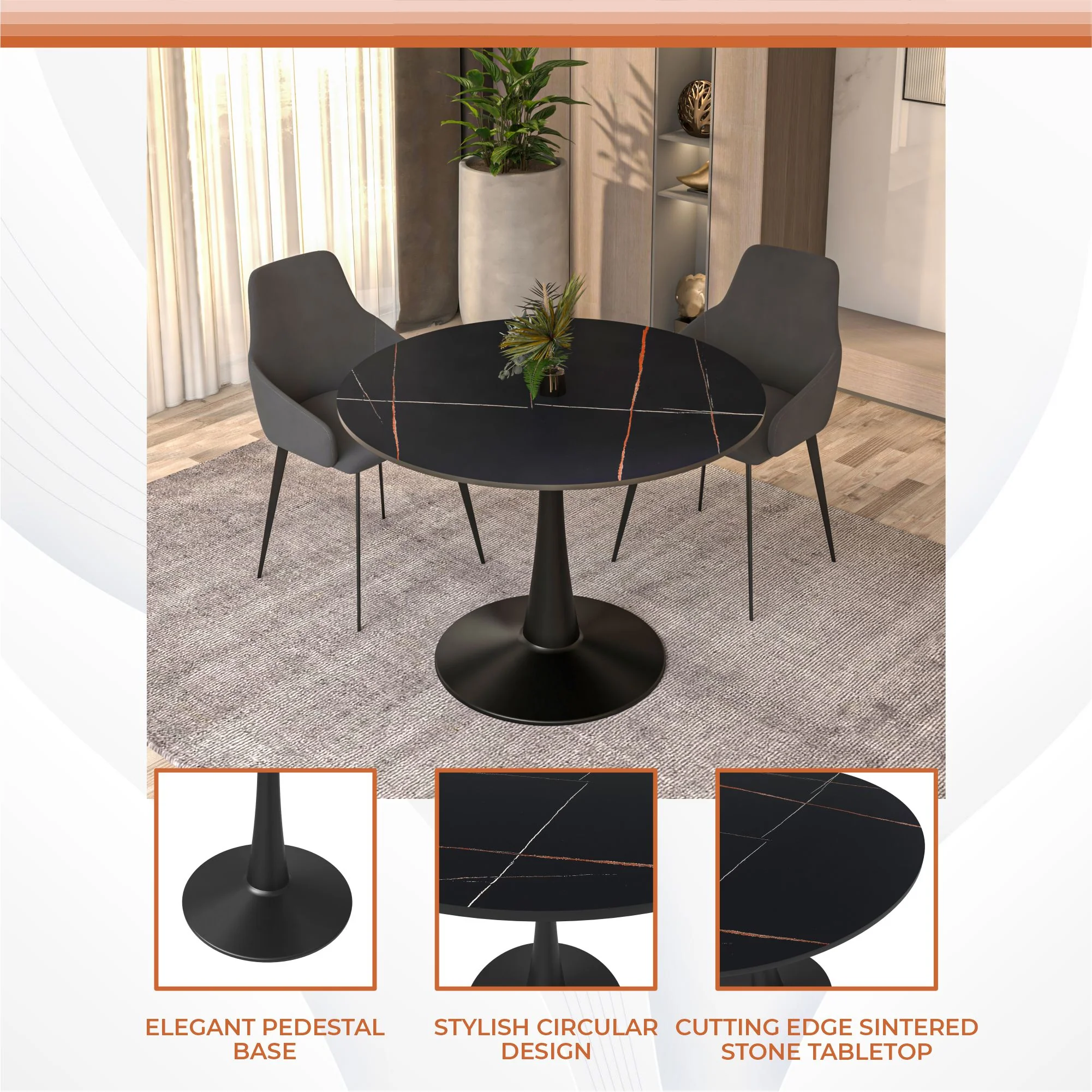Bristol 40" round dining table Black base with Black Sintered stone Top