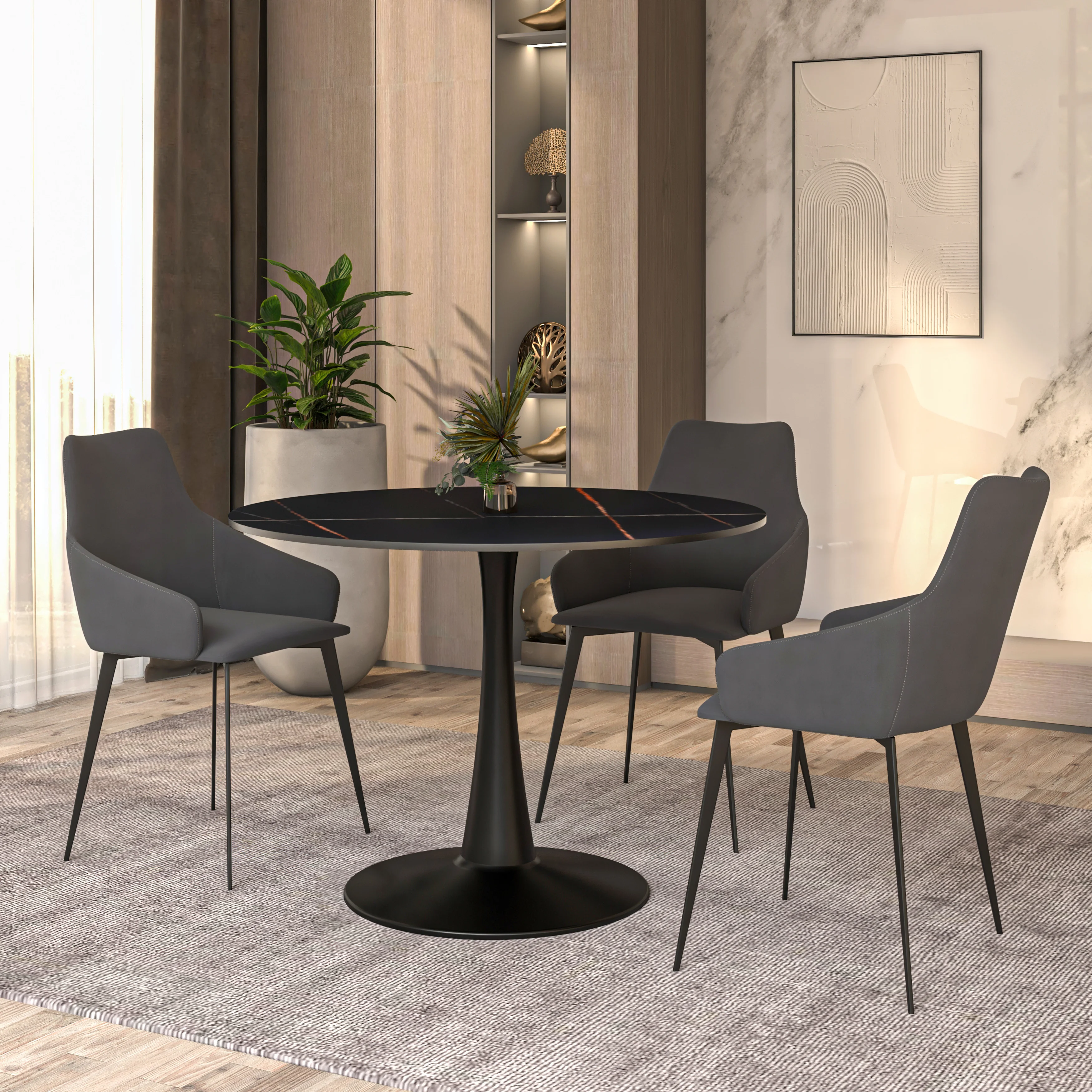 Bristol 40" round dining table Black base with Black Sintered stone Top
