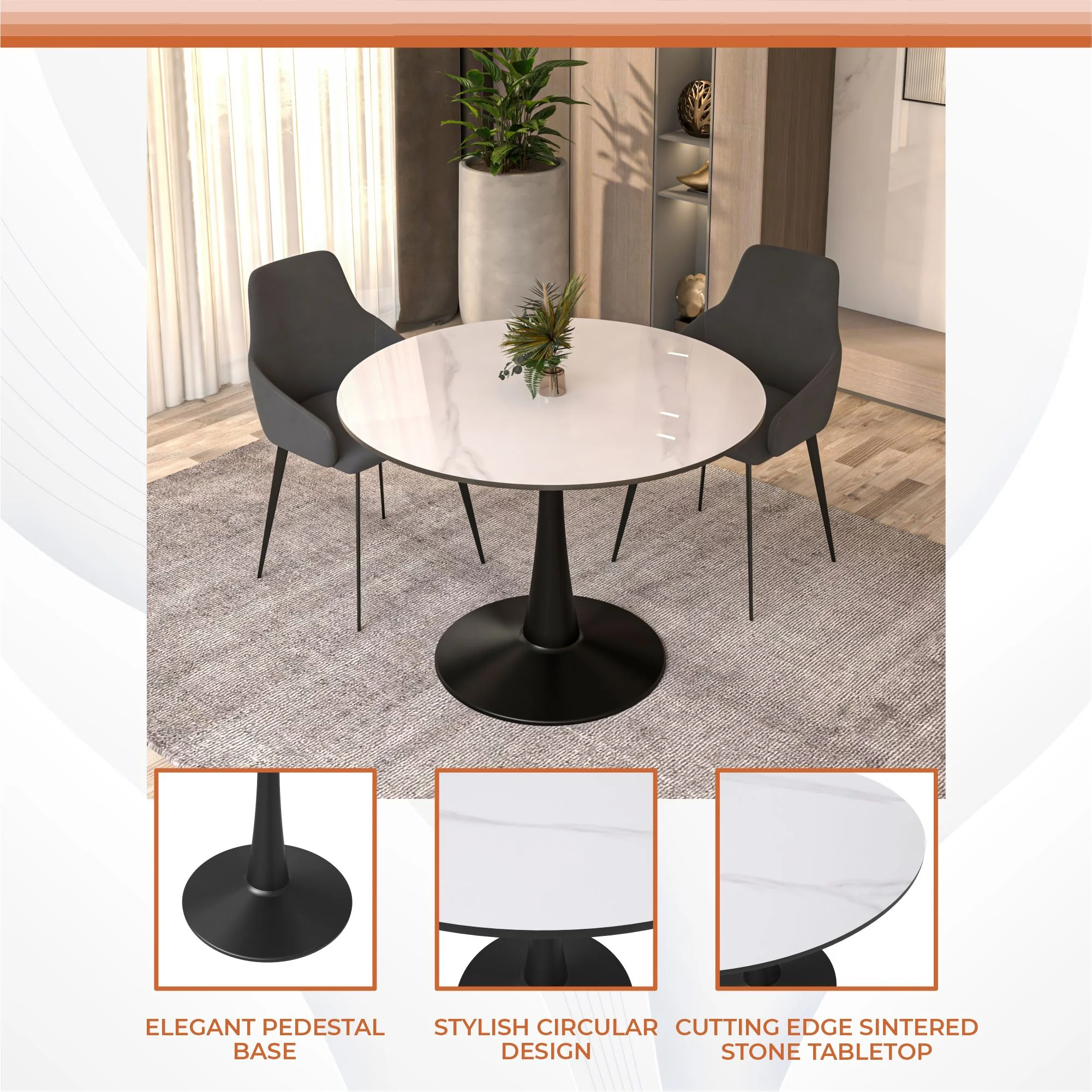 Bristol 40" round dining table Black base with White Sintered stone Top