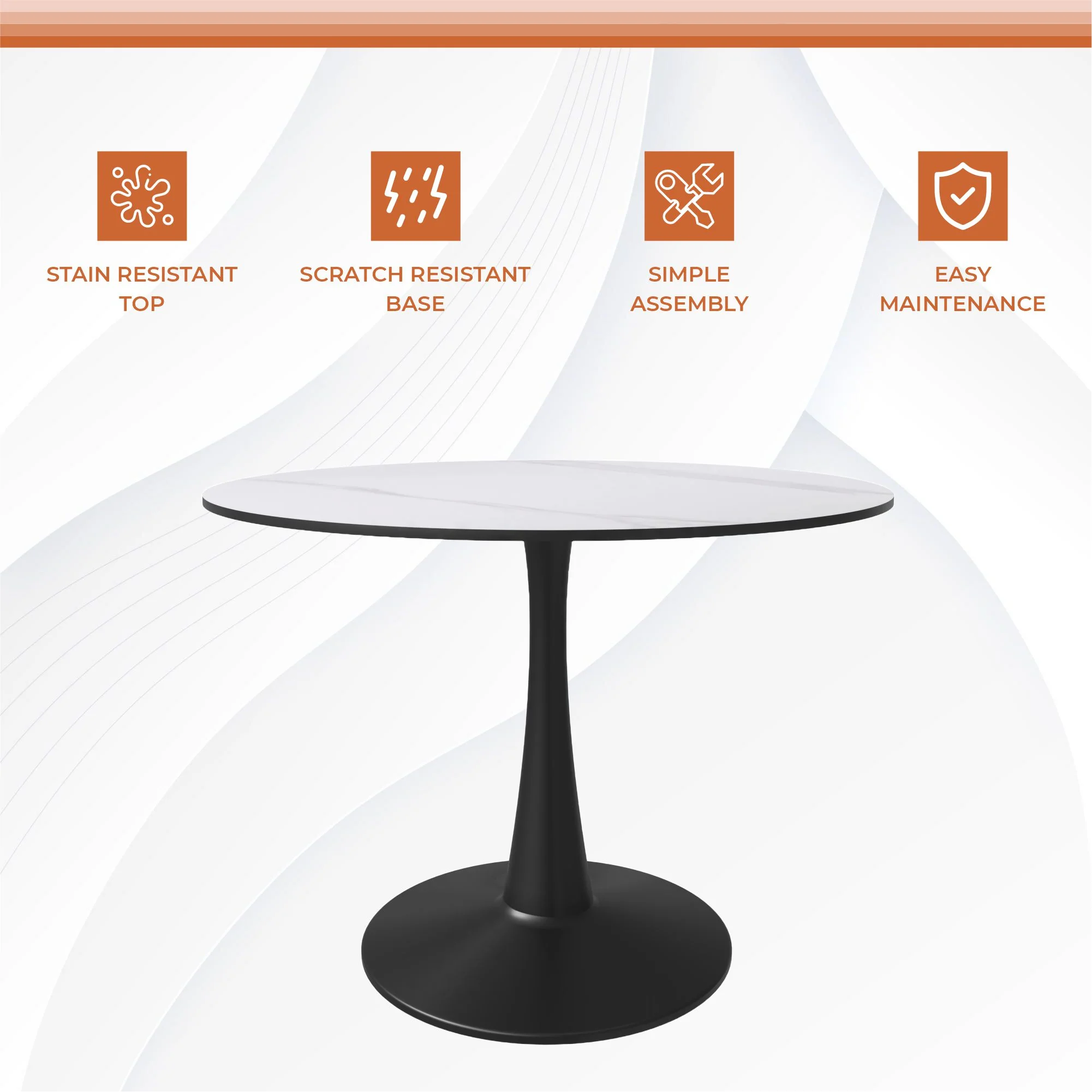 Bristol 40" round dining table Black base with White Sintered stone Top