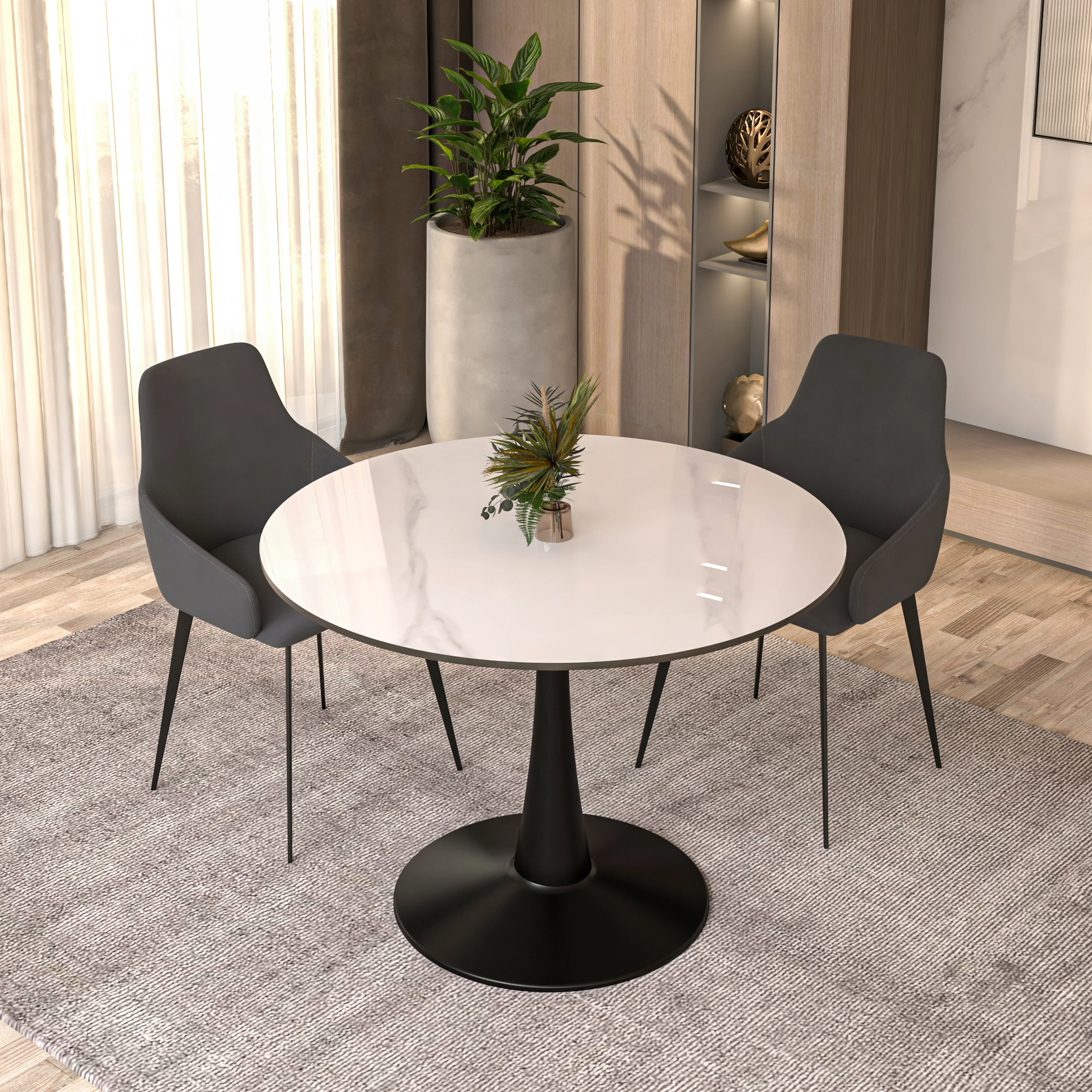 Bristol 40" round dining table Black base with White Sintered stone Top