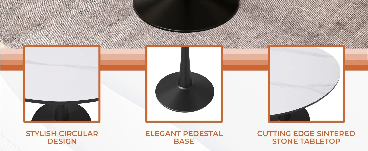 Bristol 40" round dining table Black base with White Sintered stone Top