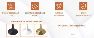 Bristol 40" round dining table Black base with White Sintered stone Top