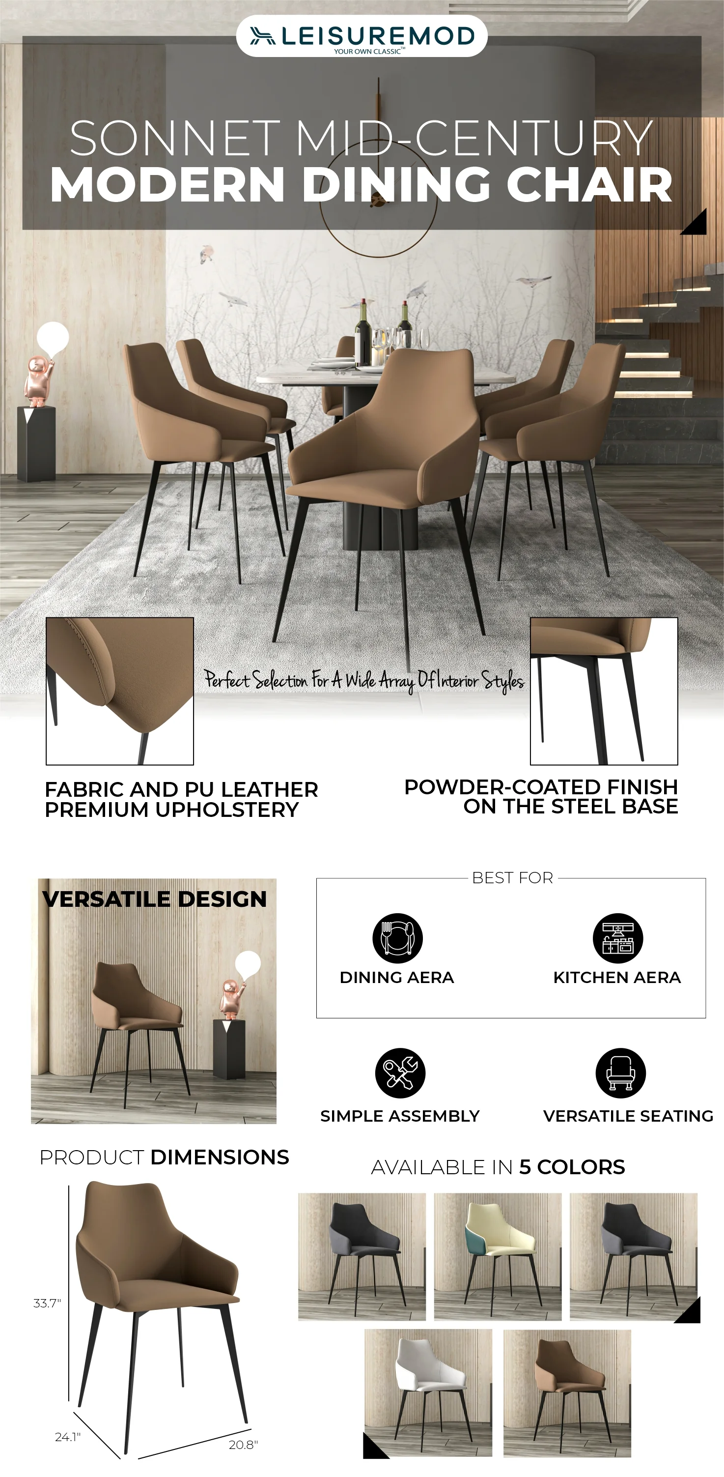 Bristol 4-Piece Dining Set with 35" Round Dining Table and 3 Fabric Dining Chairs in Light Brown