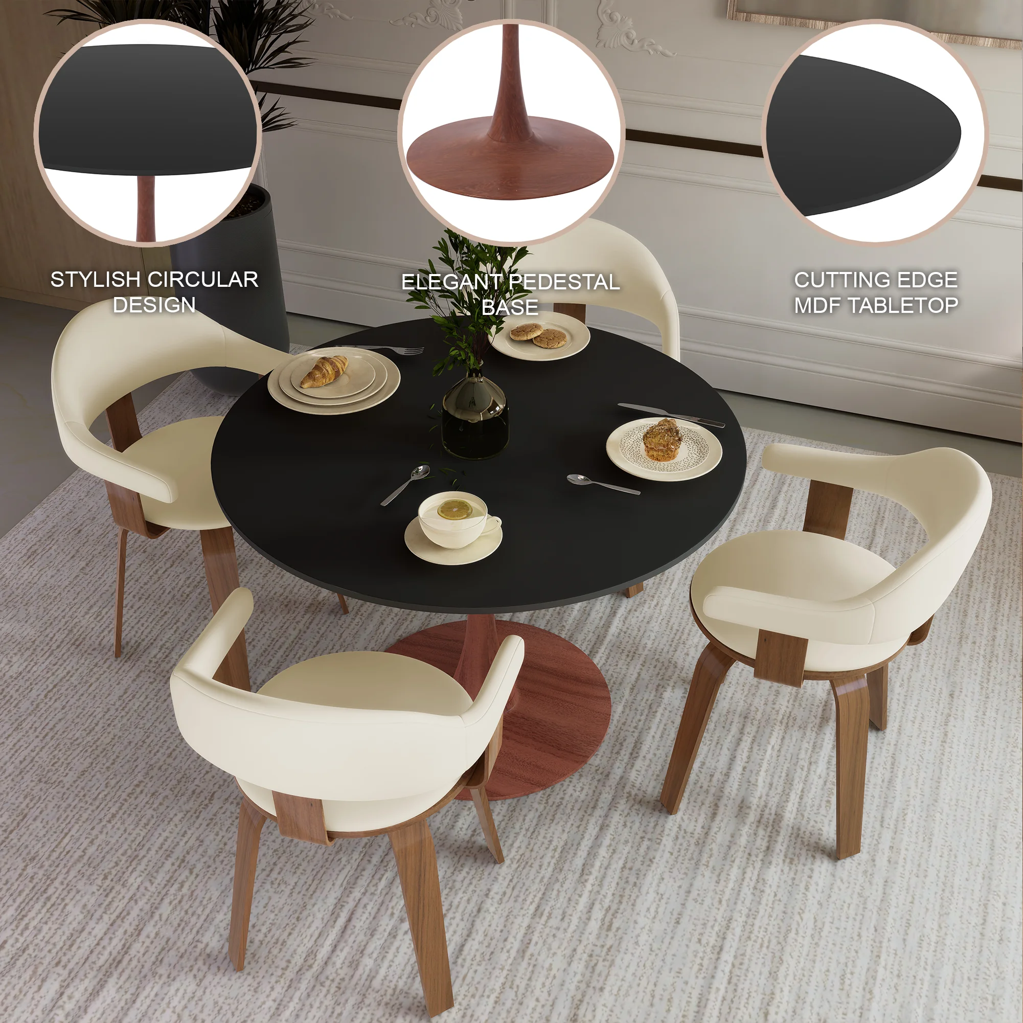 Bristol 35" Round Dining Table Wood Transfer Cherry Base with MDF Black Top