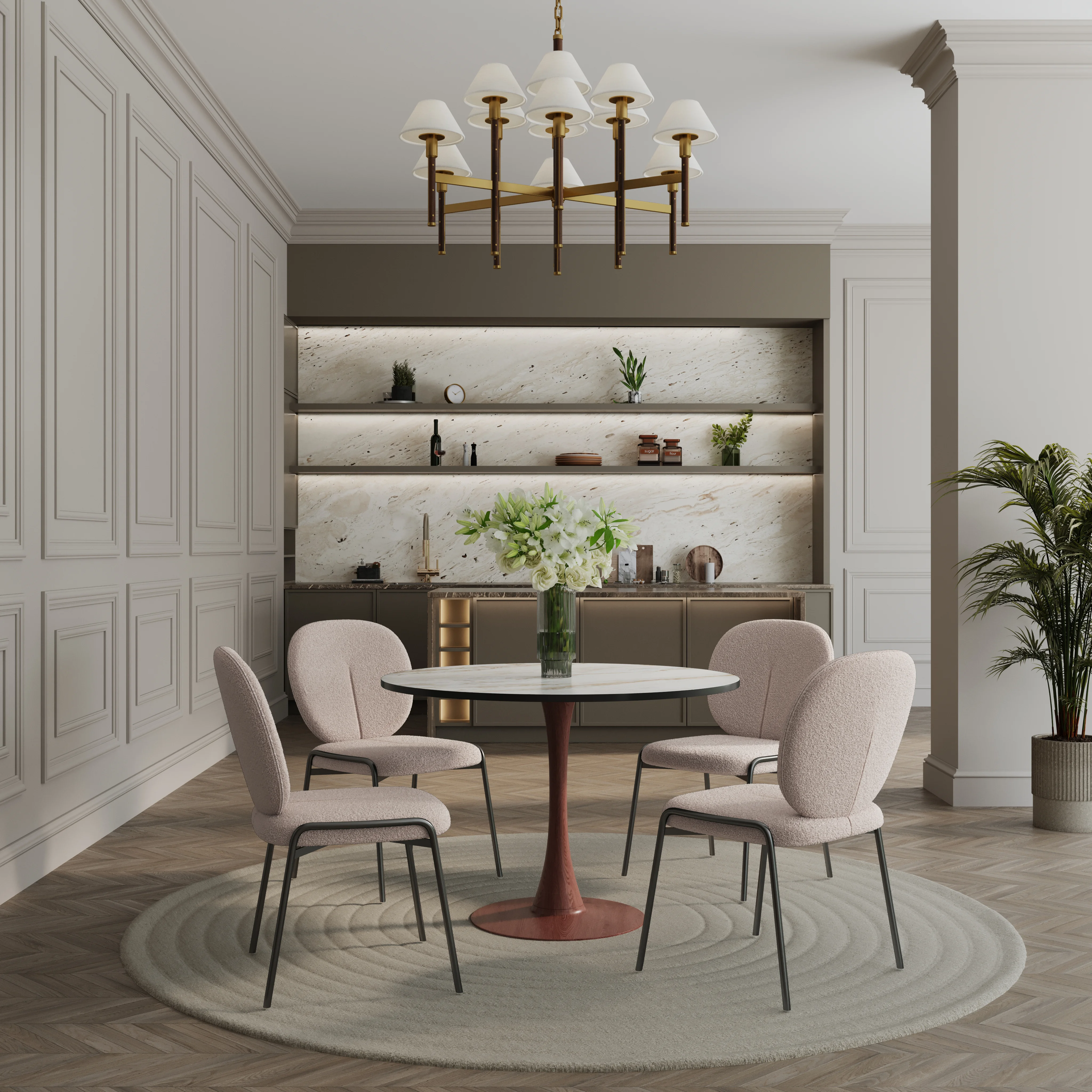 Bristol 35" Round Dining Table Wood Transfer Cherry Base with MDF Marbled White Top