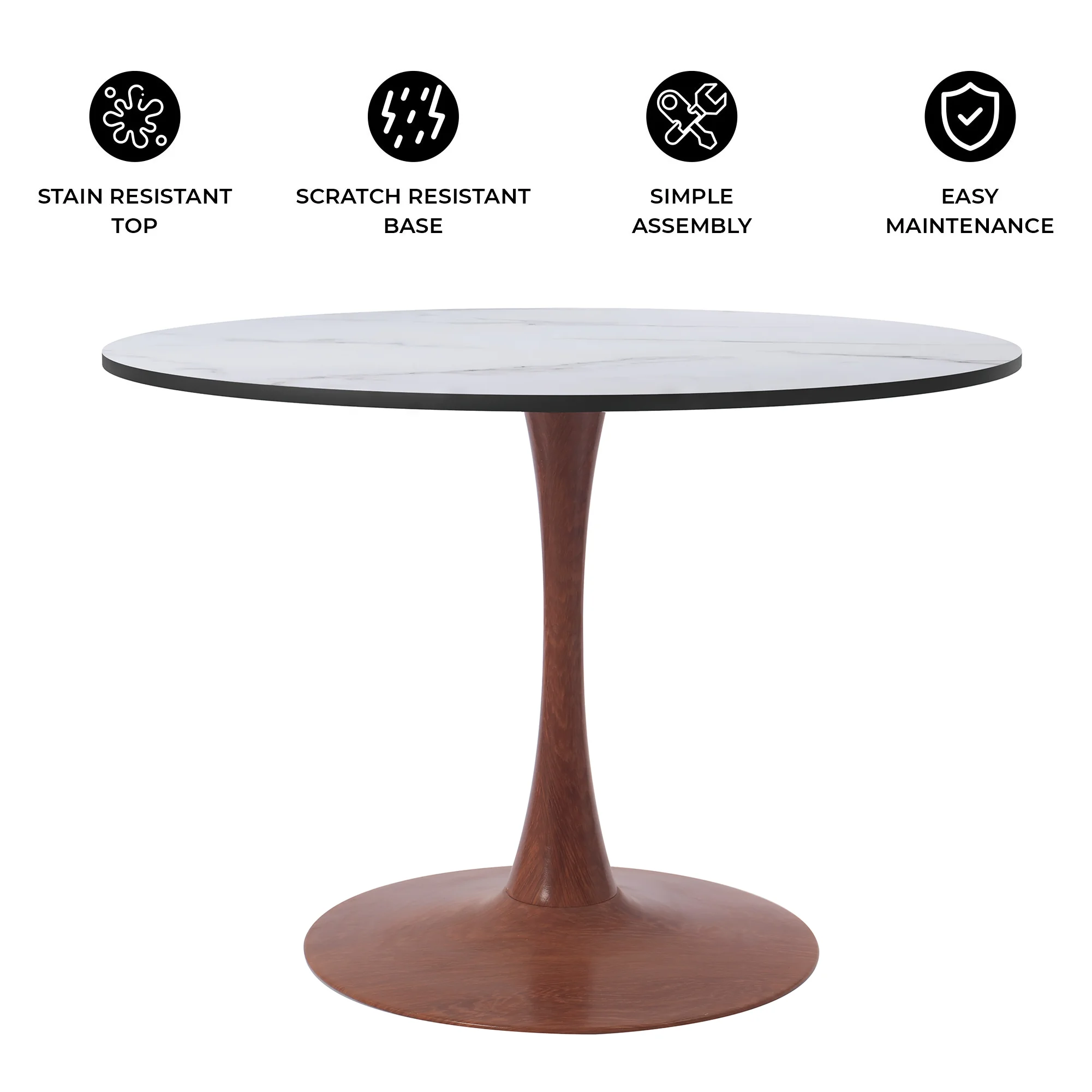Bristol 35" Round Dining Table Wood Transfer Cherry Base with MDF Marbled White Top