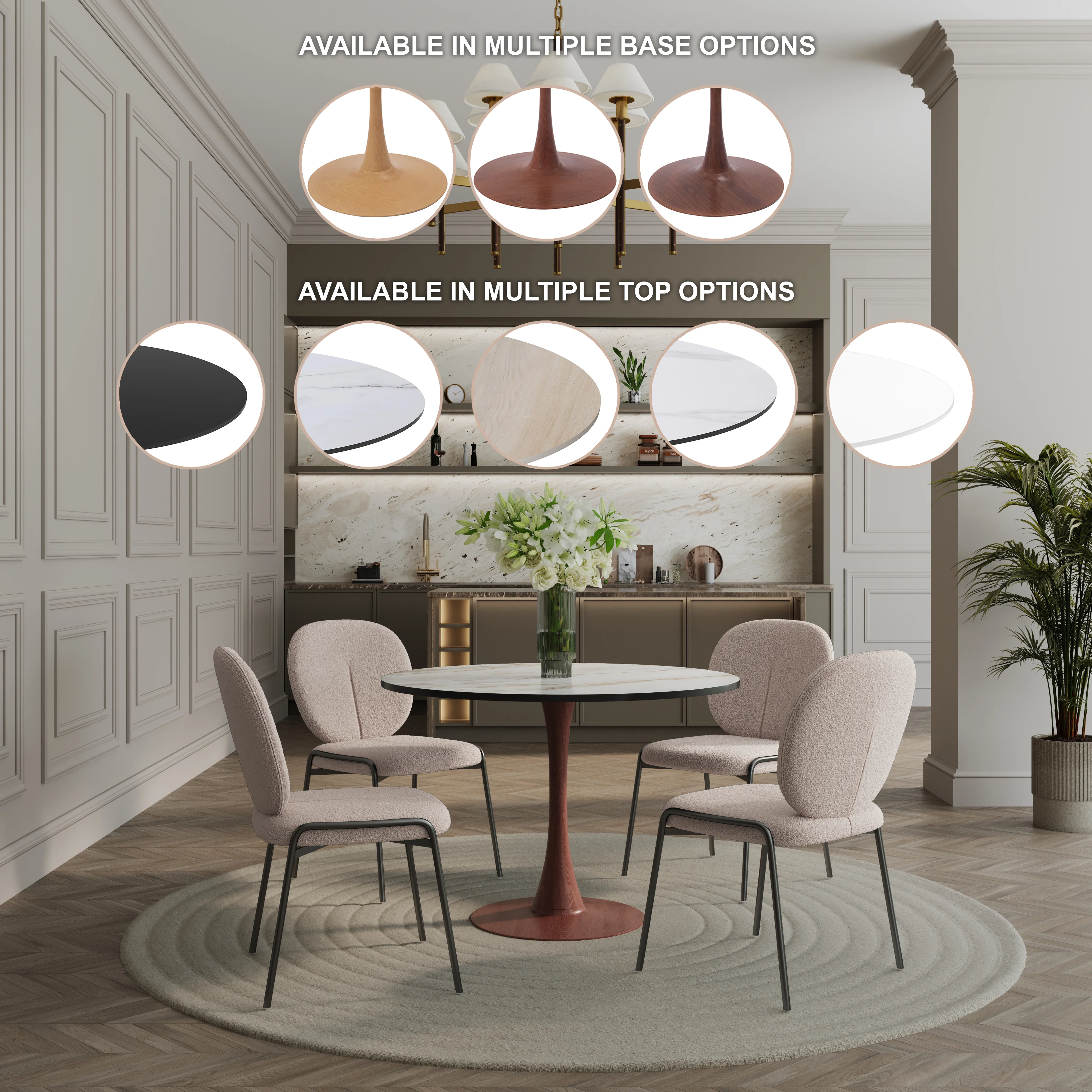 Bristol 35" Round Dining Table Wood Transfer Cherry Base with MDF Marbled White Top