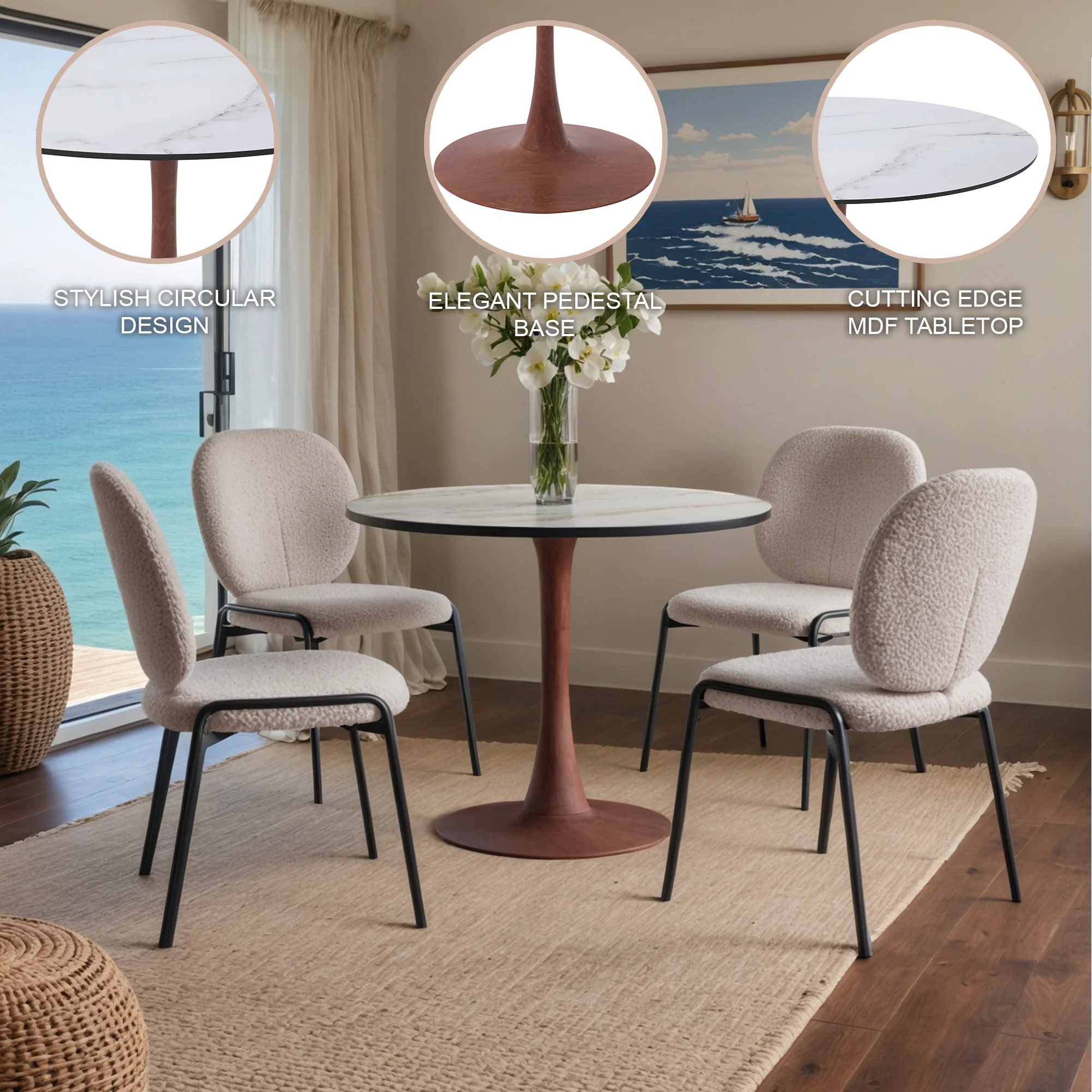 Bristol 35" Round Dining Table Wood Transfer Cherry Base with MDF Marbled White Top