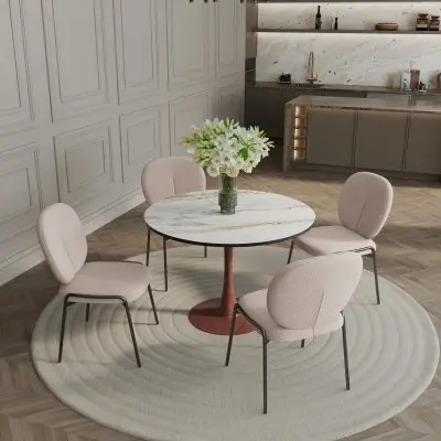Bristol 35" Round Dining Table Wood Transfer Cherry Base with MDF Marbled White Top