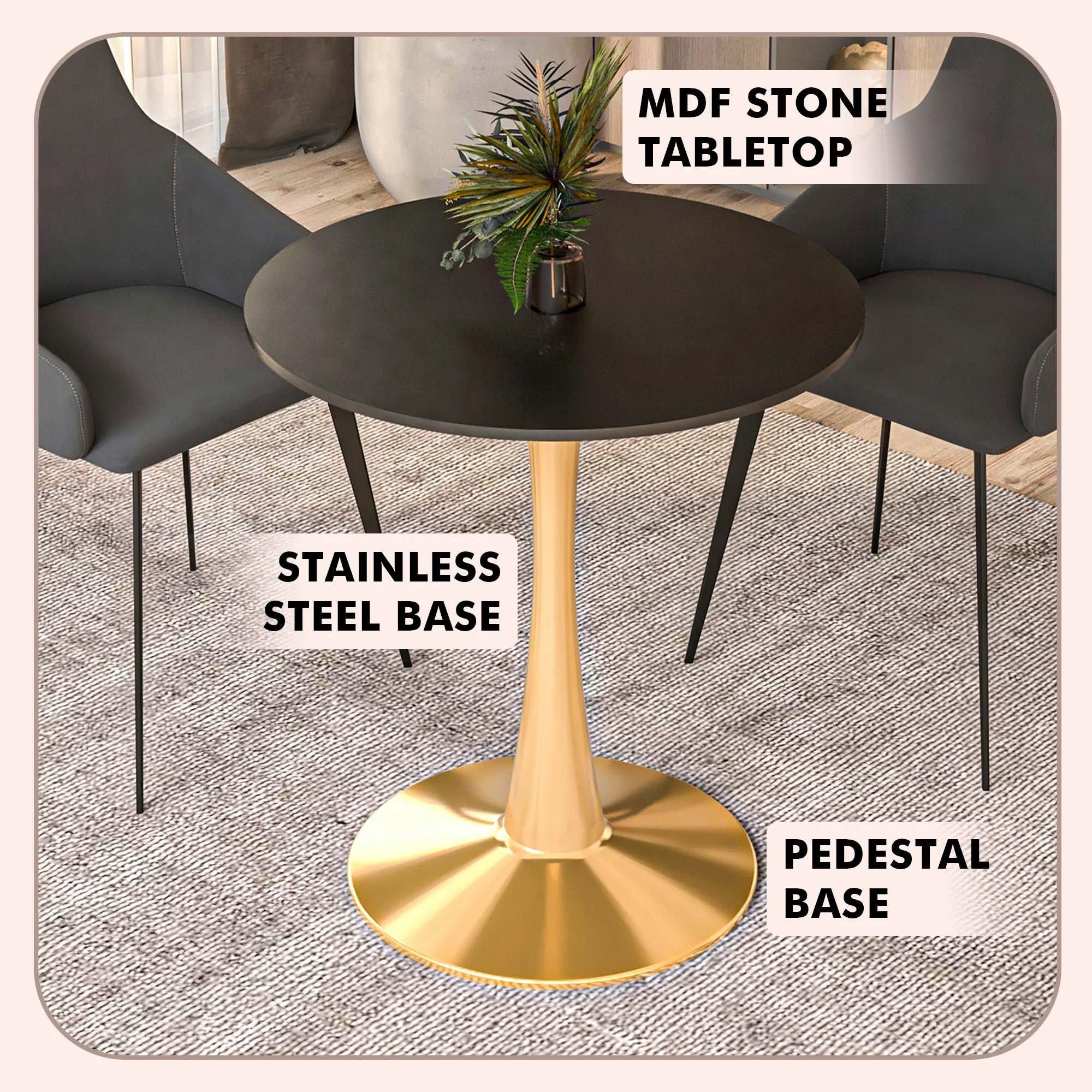 Bristol 24" round dining table Gold Base With Black Top