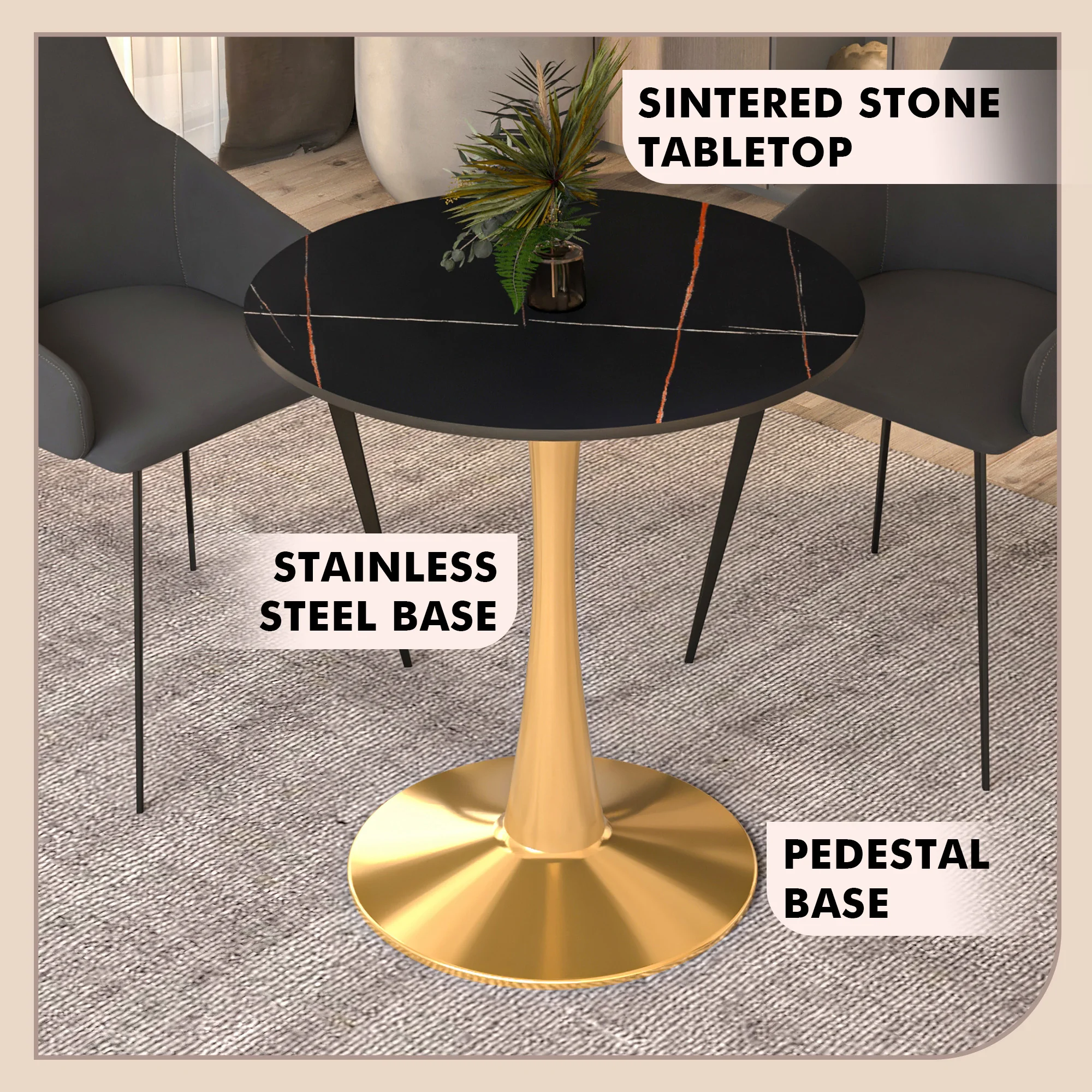 Bristol 24 round dining table Gold base with Black Sintered stone Top