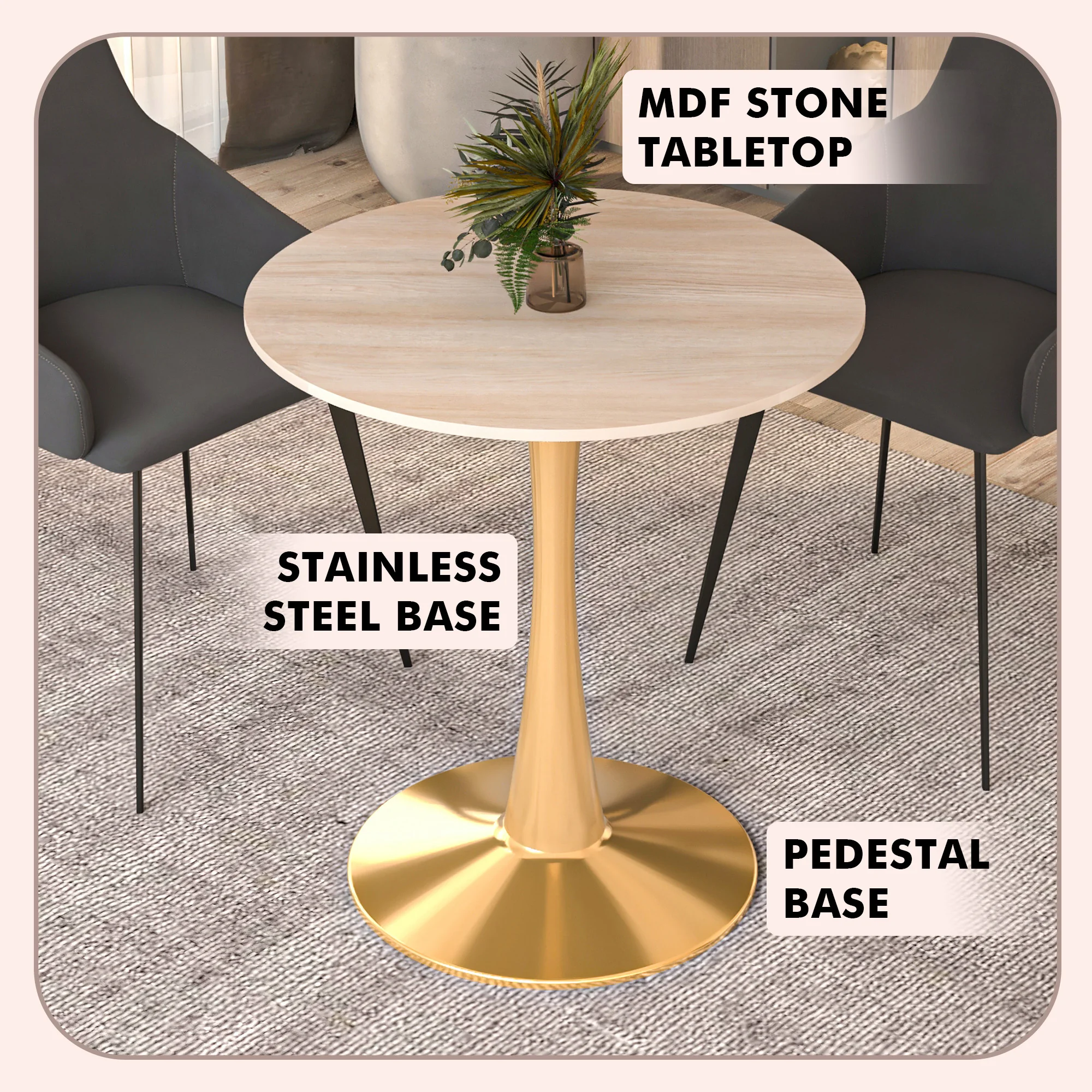 Bristol 24" round dining table Gold base with marbled MDF top