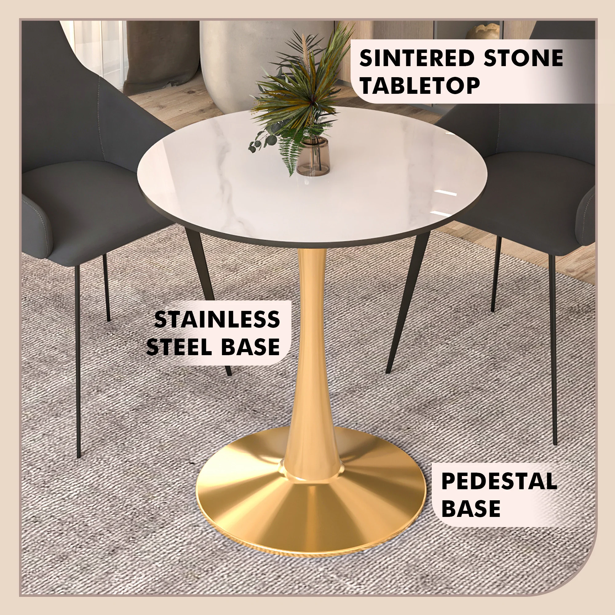 Bristol 24 round dining table Gold base with White Sintered stone Top