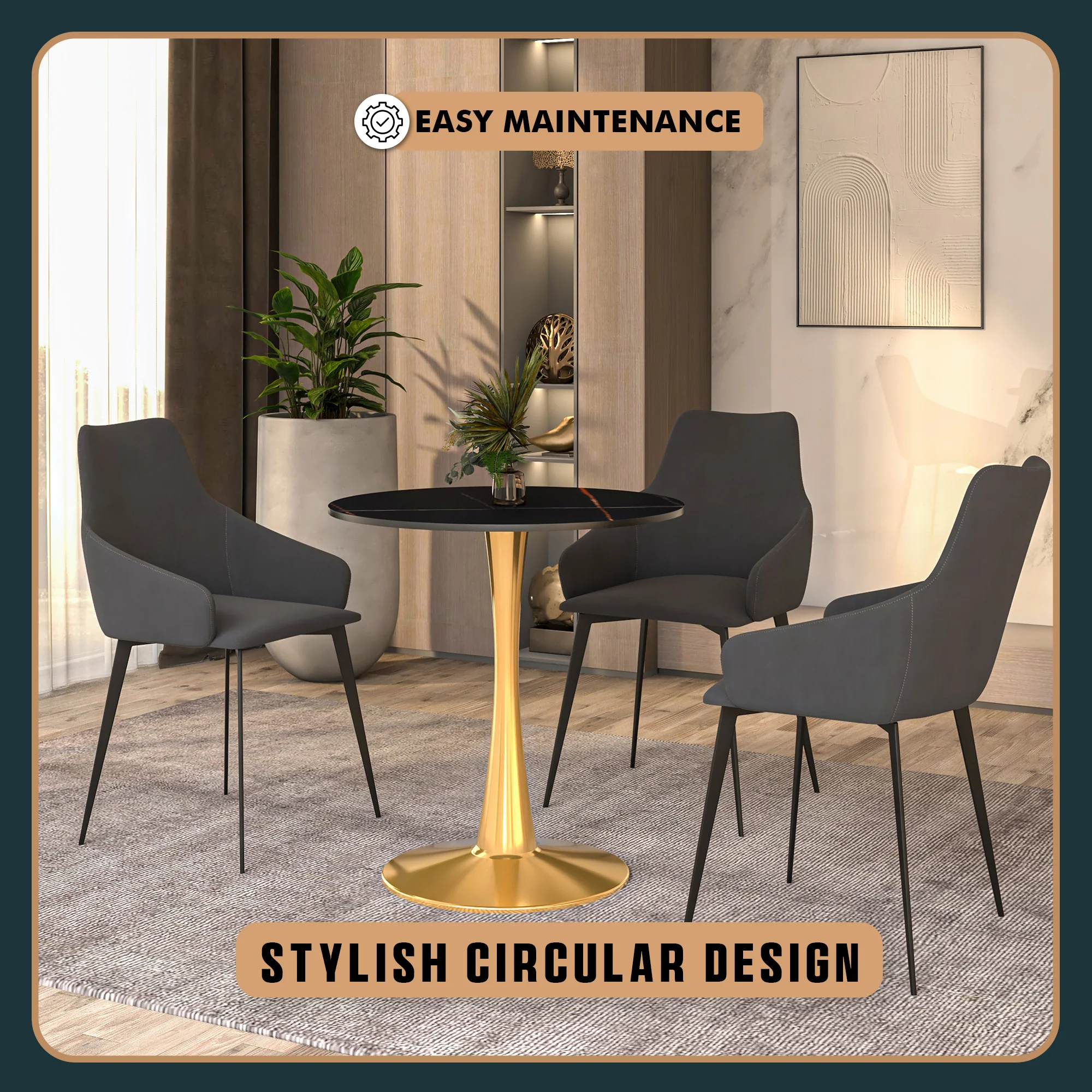 Bristol 27 round dining table Gold base with Black Sintered stone Top