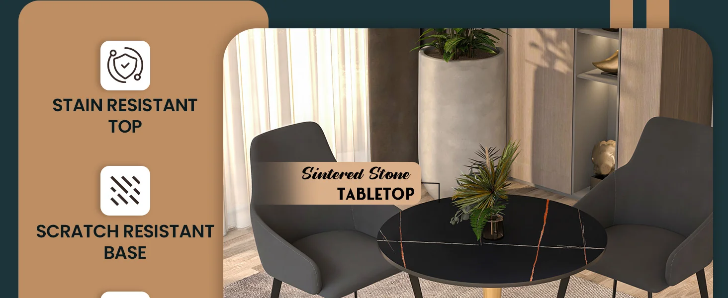 Bristol 27 round dining table Gold base with Black Sintered stone Top