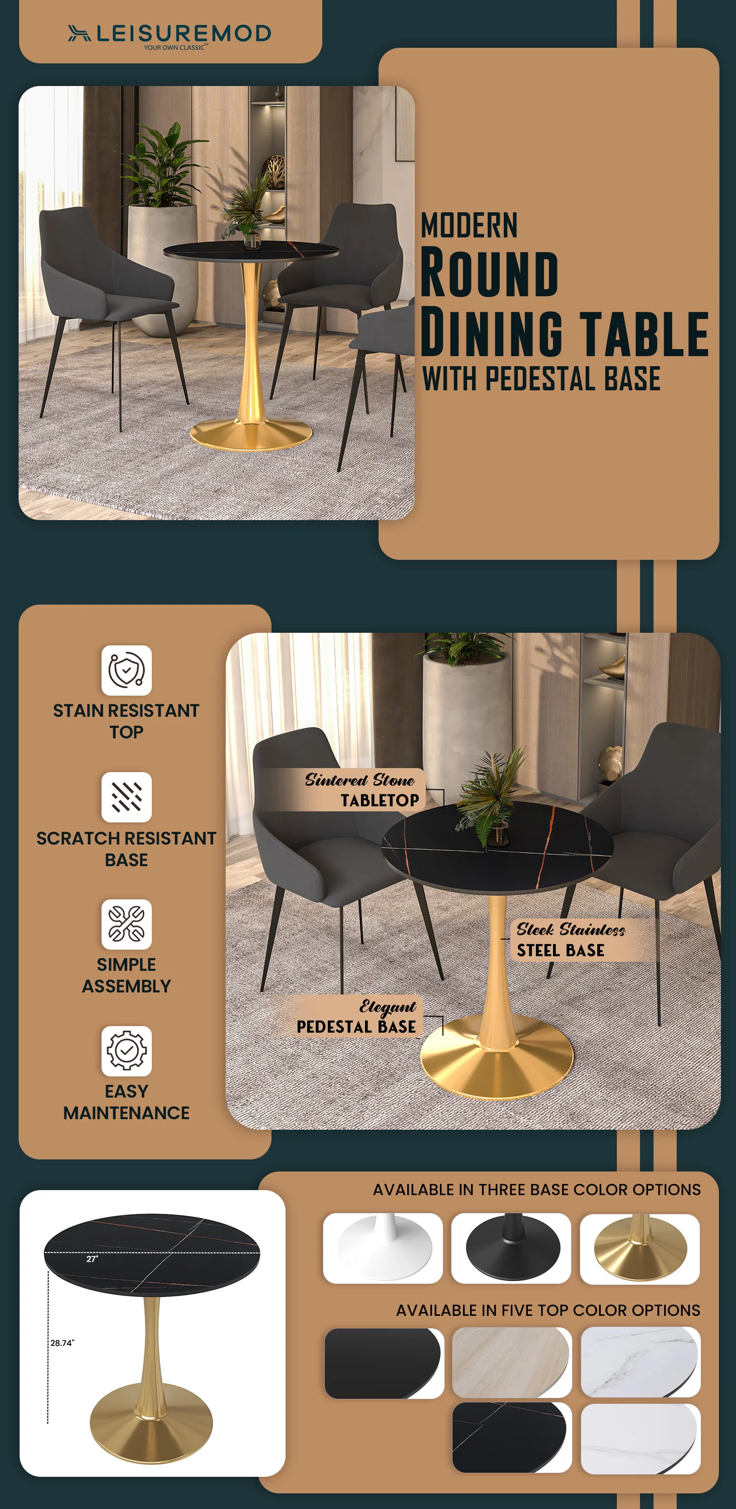 Bristol 27 round dining table Gold base with Black Sintered stone Top