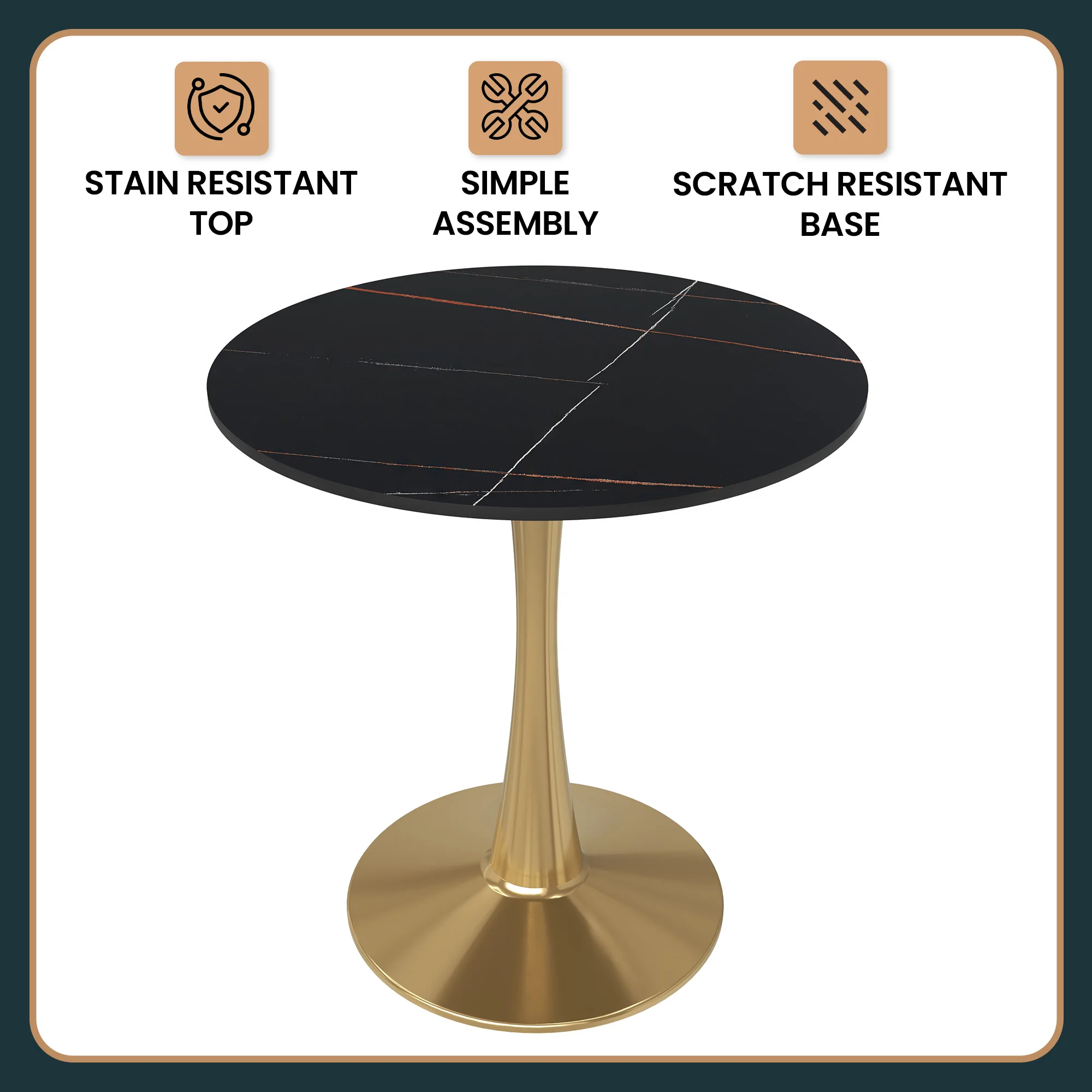 Bristol 27 round dining table Gold base with Black Sintered stone Top