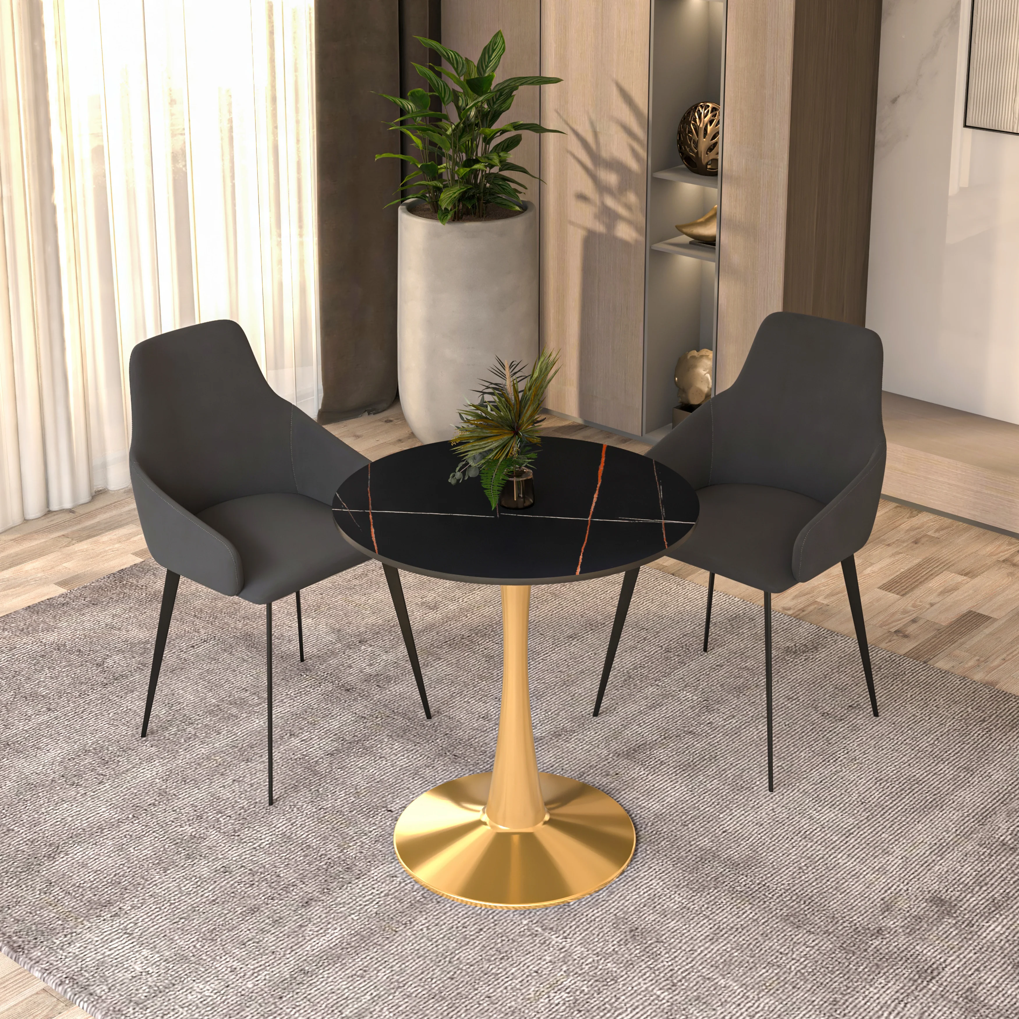 Bristol 27 round dining table Gold base with Black Sintered stone Top