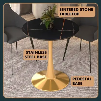 Bristol 27 round dining table Gold base with Black Sintered stone Top