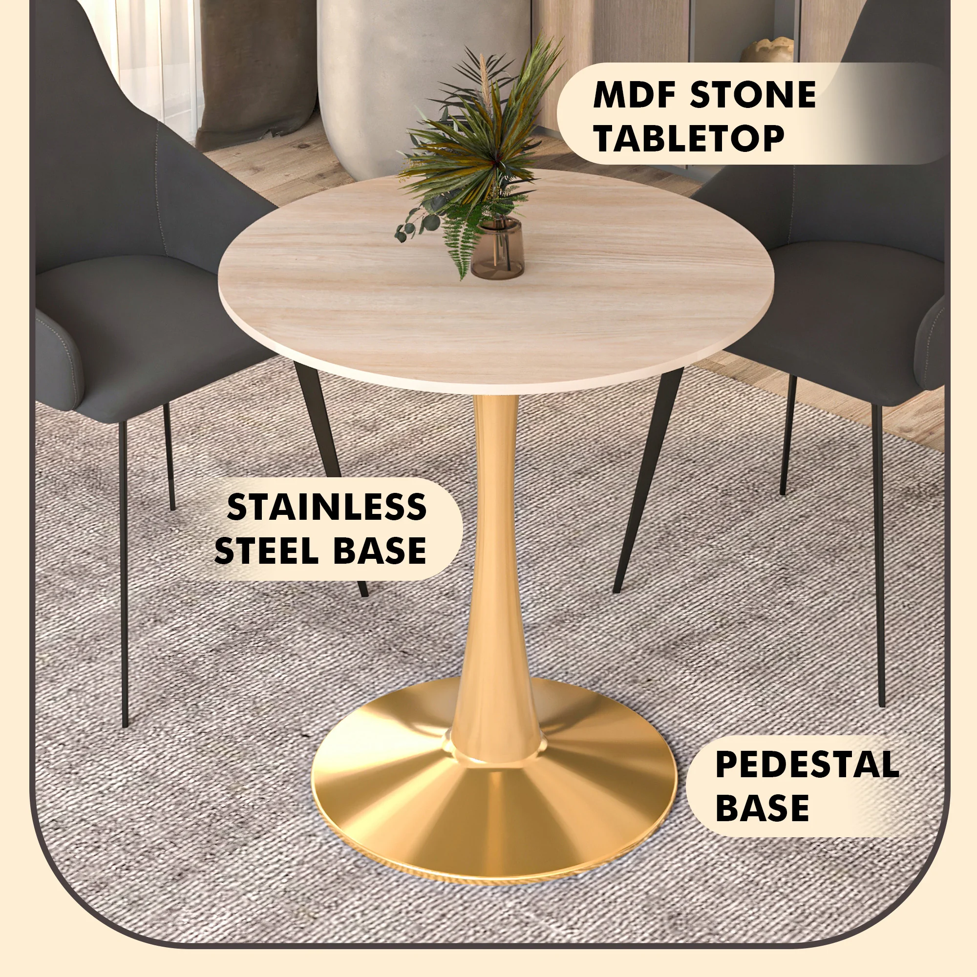 Bristol 27" round dining table Gold base with marbled MDF top