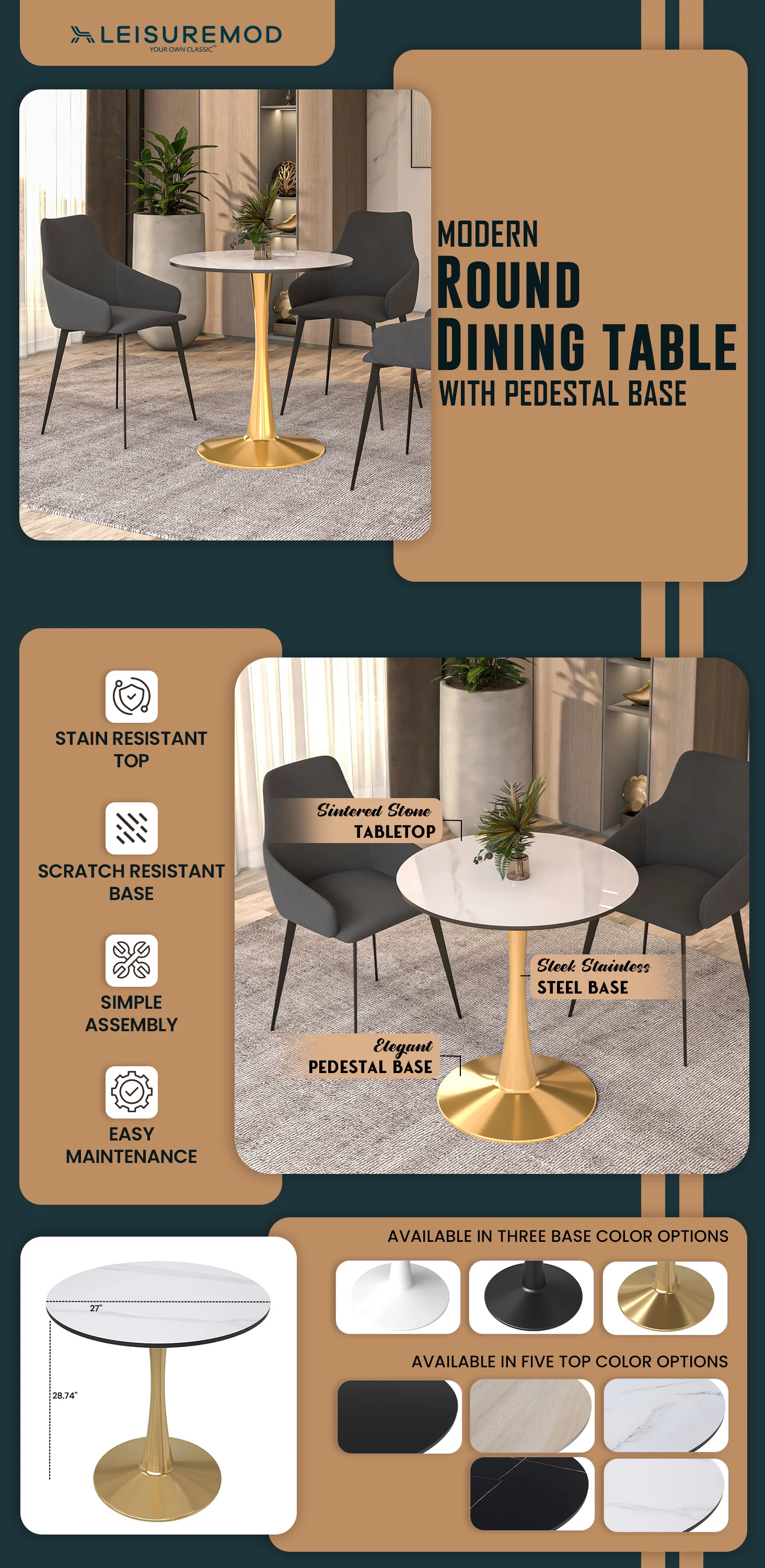 Bristol 27 round dining table Gold base with White Sintered stone Top