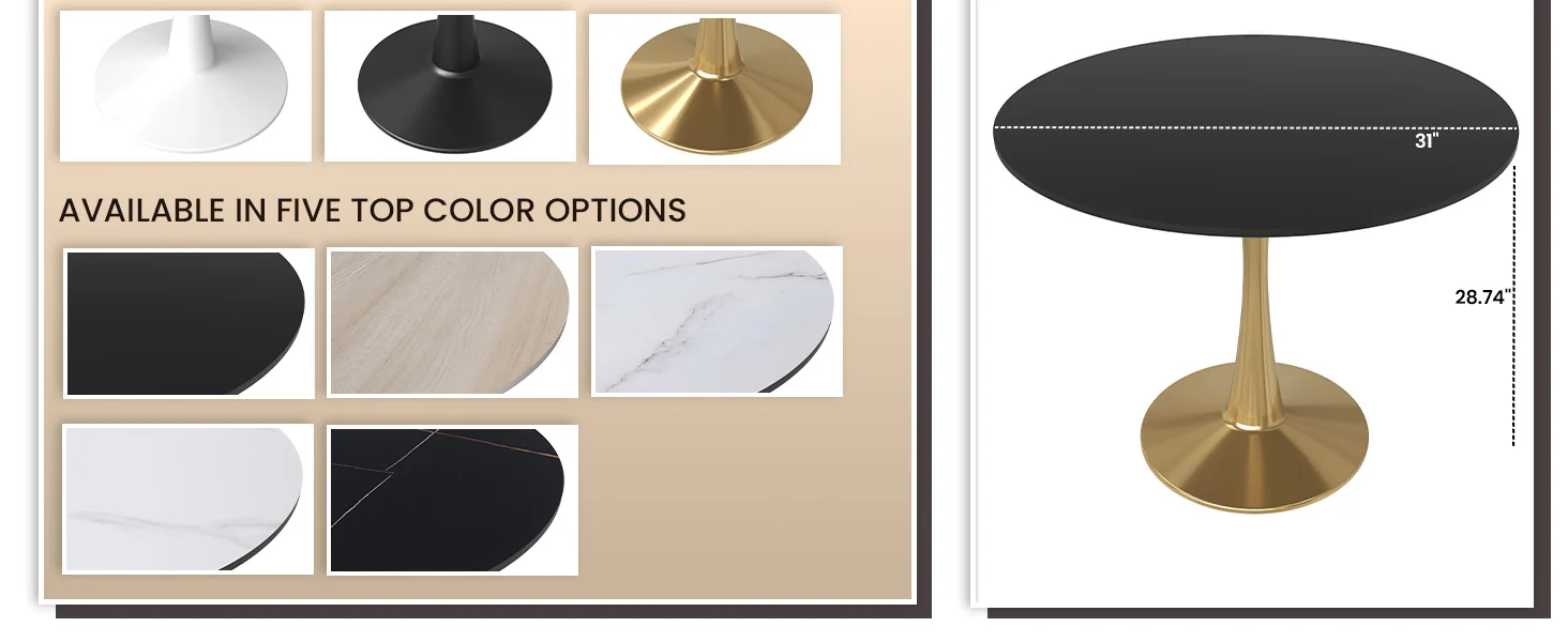 Bristol 31" round dining table Gold Base With Black Top