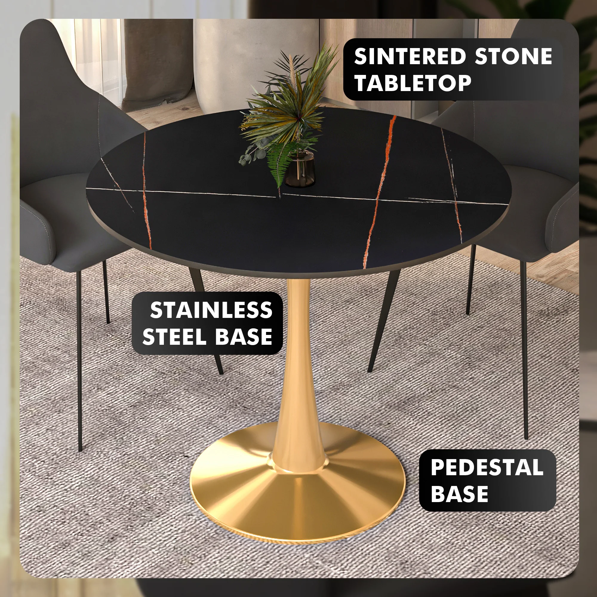 Bristol 31" round dining table Gold base with Black Sintered stone Top