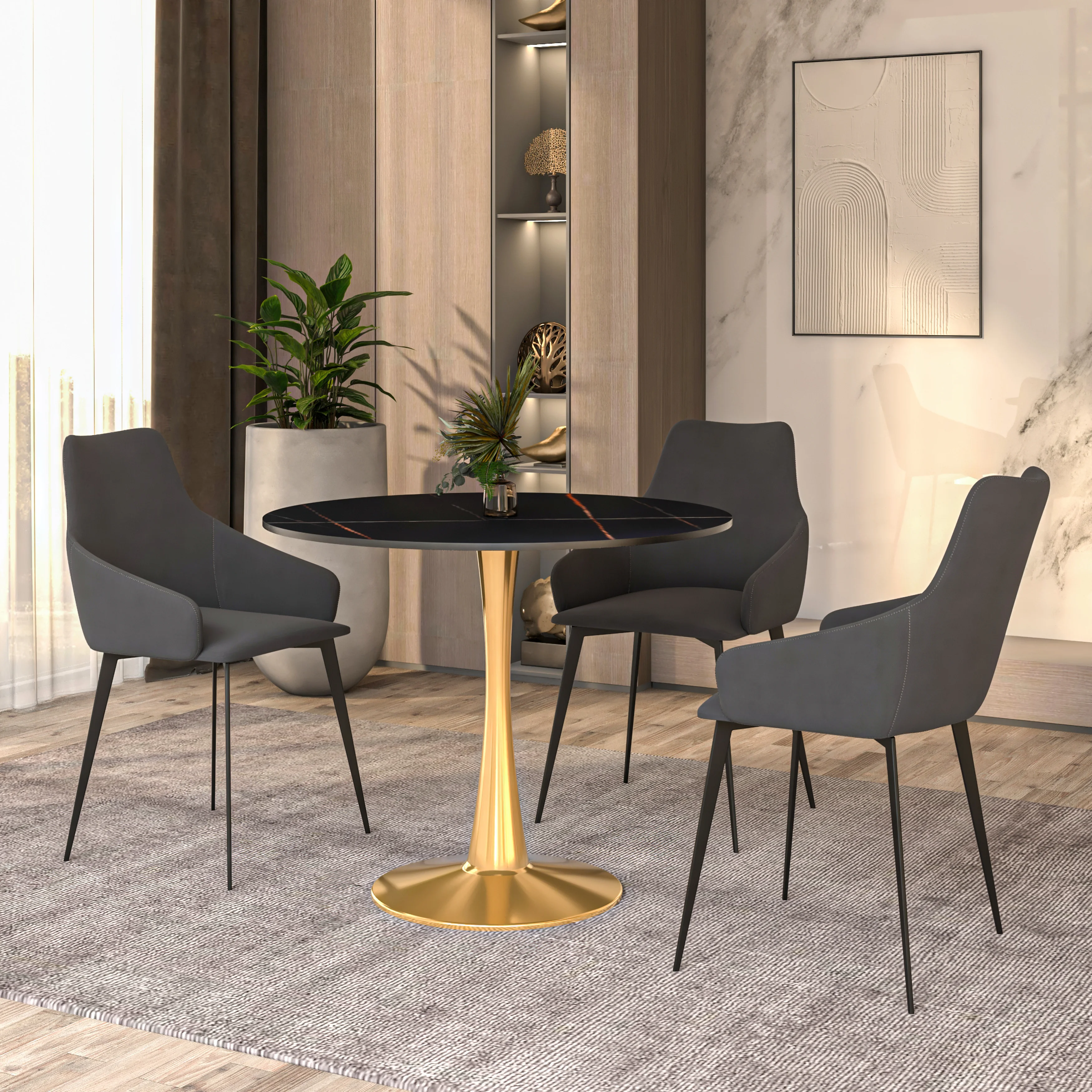 Bristol 31" round dining table Gold base with Black Sintered stone Top