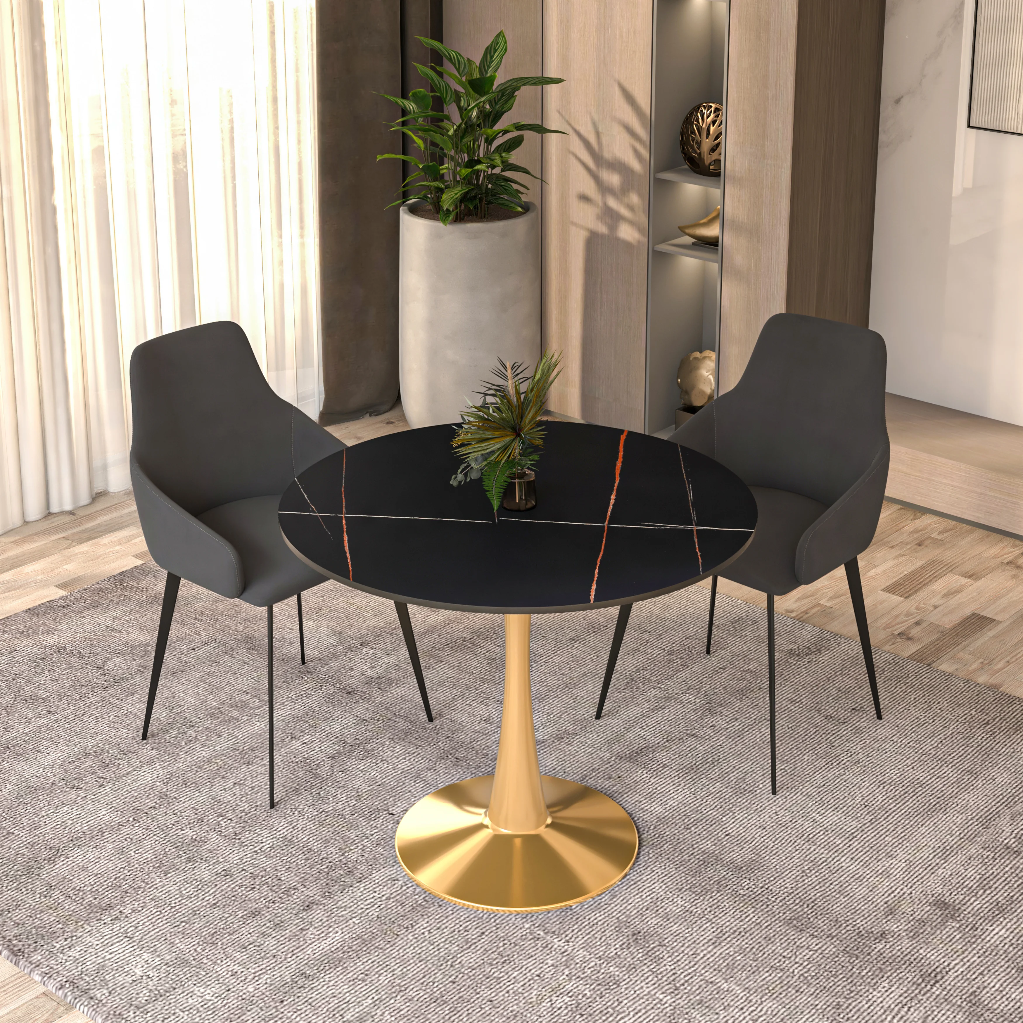 Bristol 31" round dining table Gold base with Black Sintered stone Top