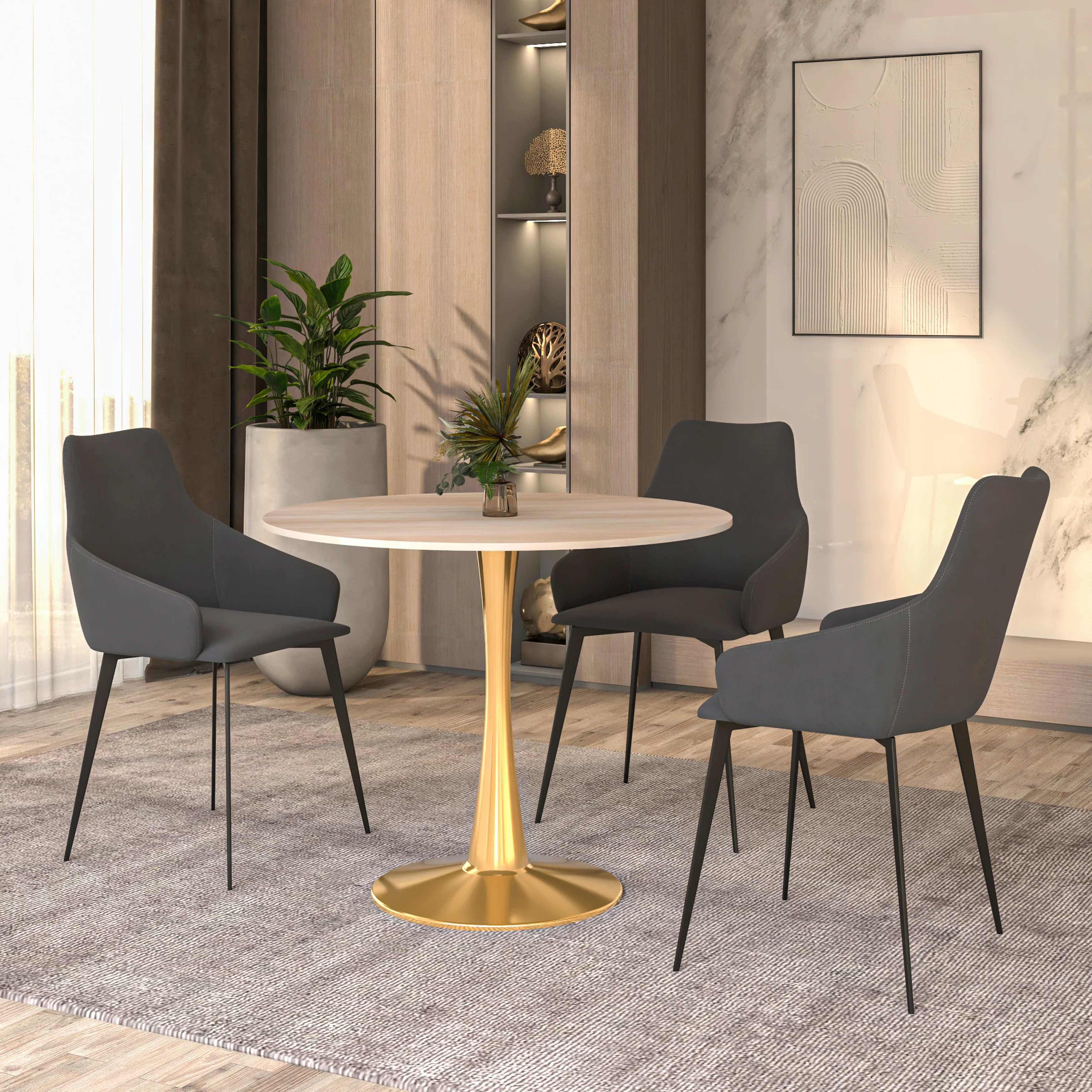 Bristol 31" Round Dining Table Gold Base with Sintered Stone Natural Wood Top