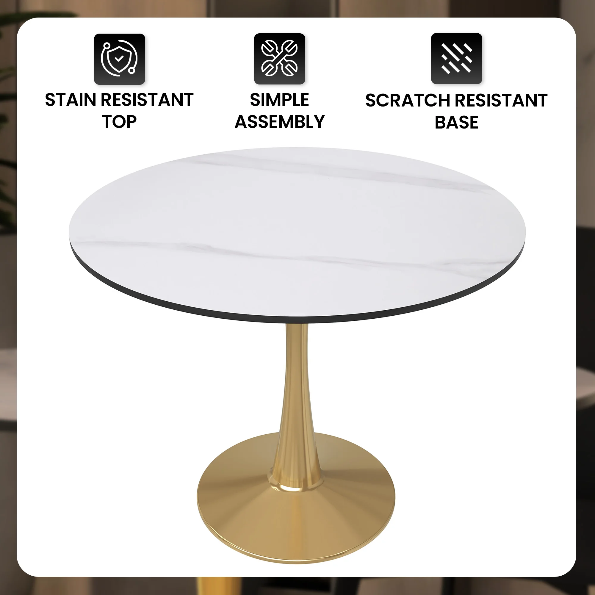 Bristol 31" round dining table Gold base with White Sintered stone Top