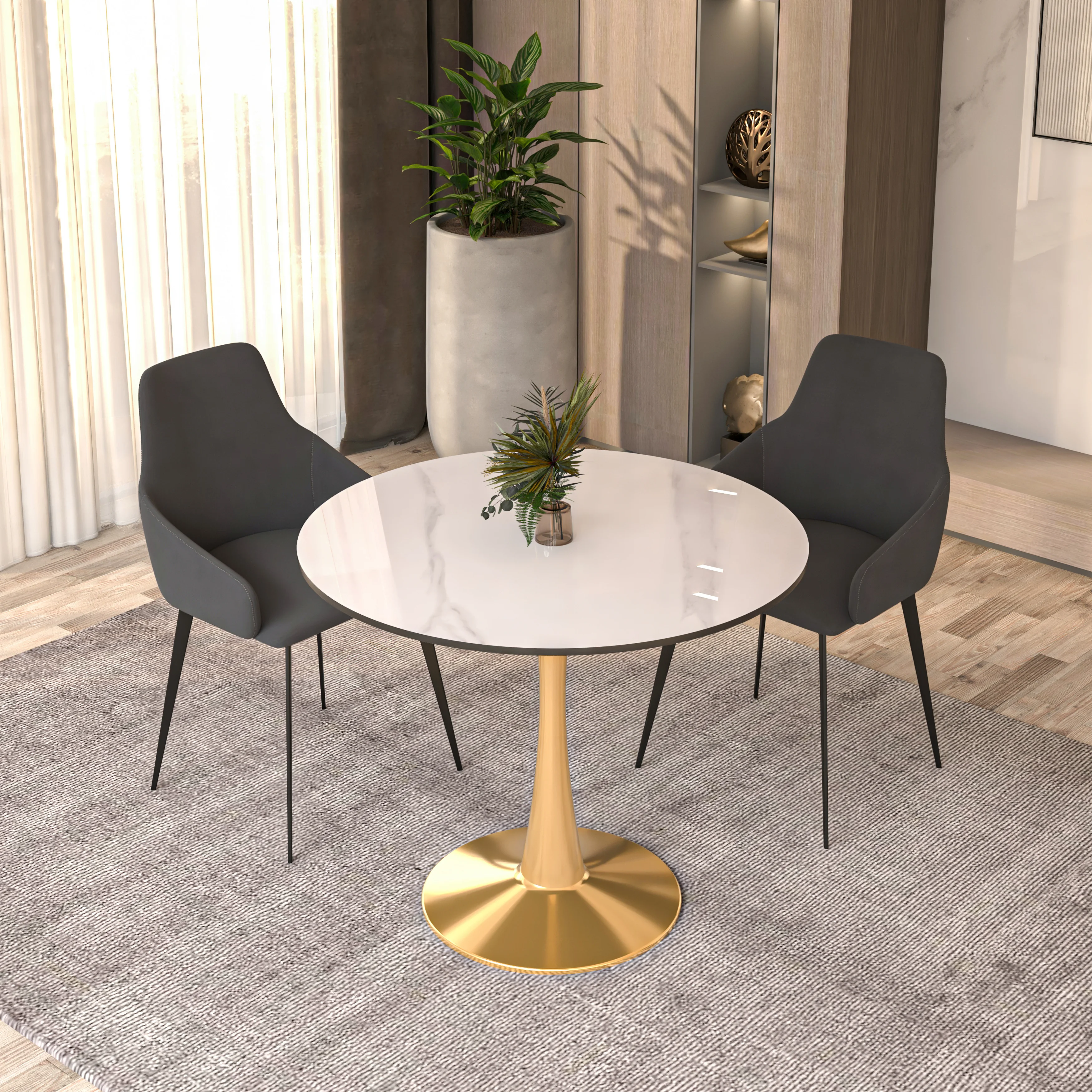 Bristol 31" round dining table Gold base with White Sintered stone Top