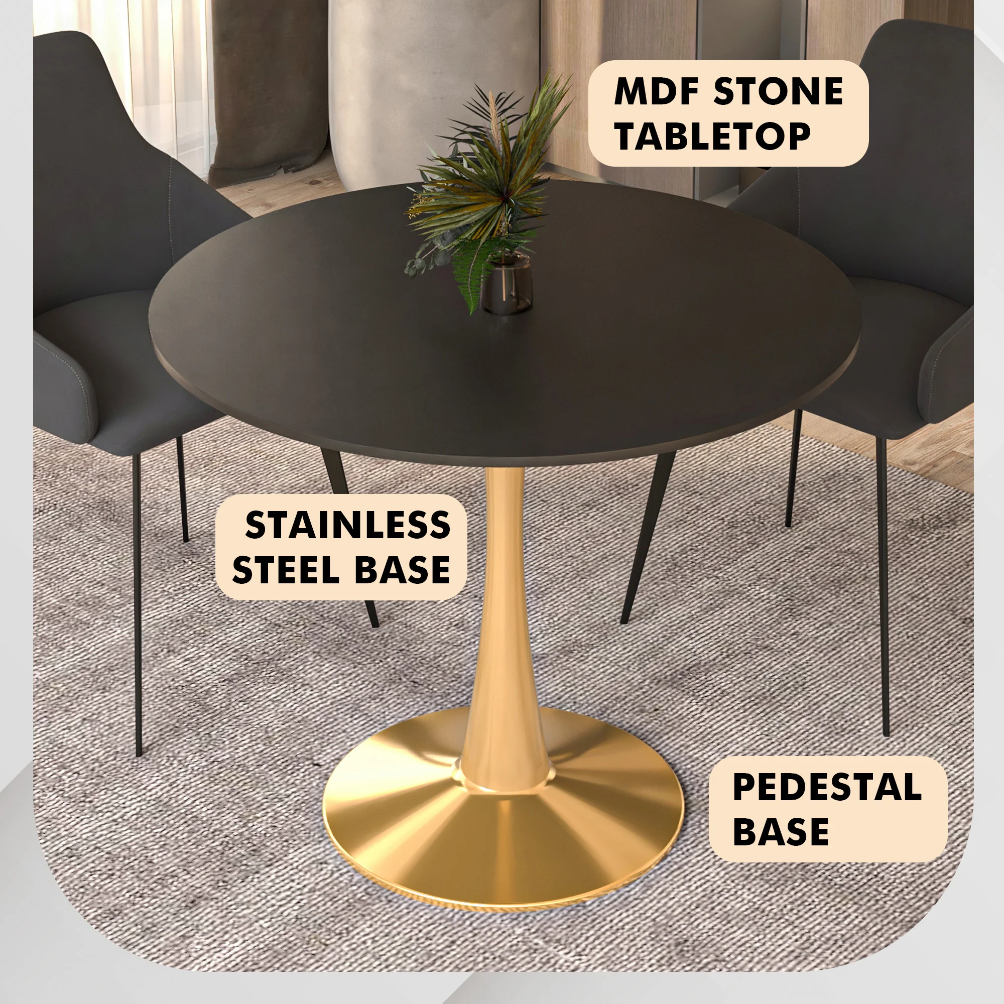 Bristol 35" round dining table Gold Base With Black Top