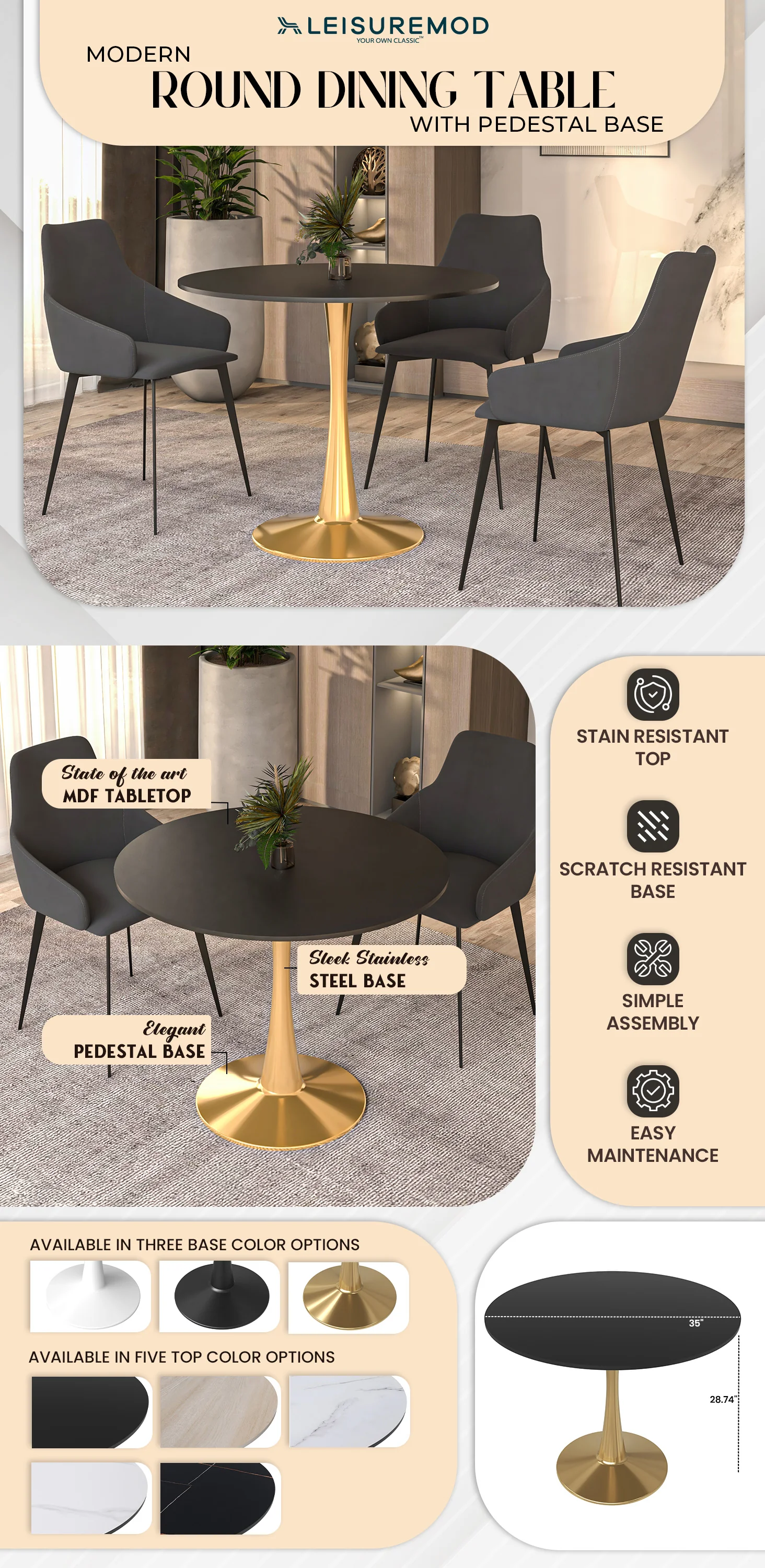Bristol 35" round dining table Gold Base With Black Top