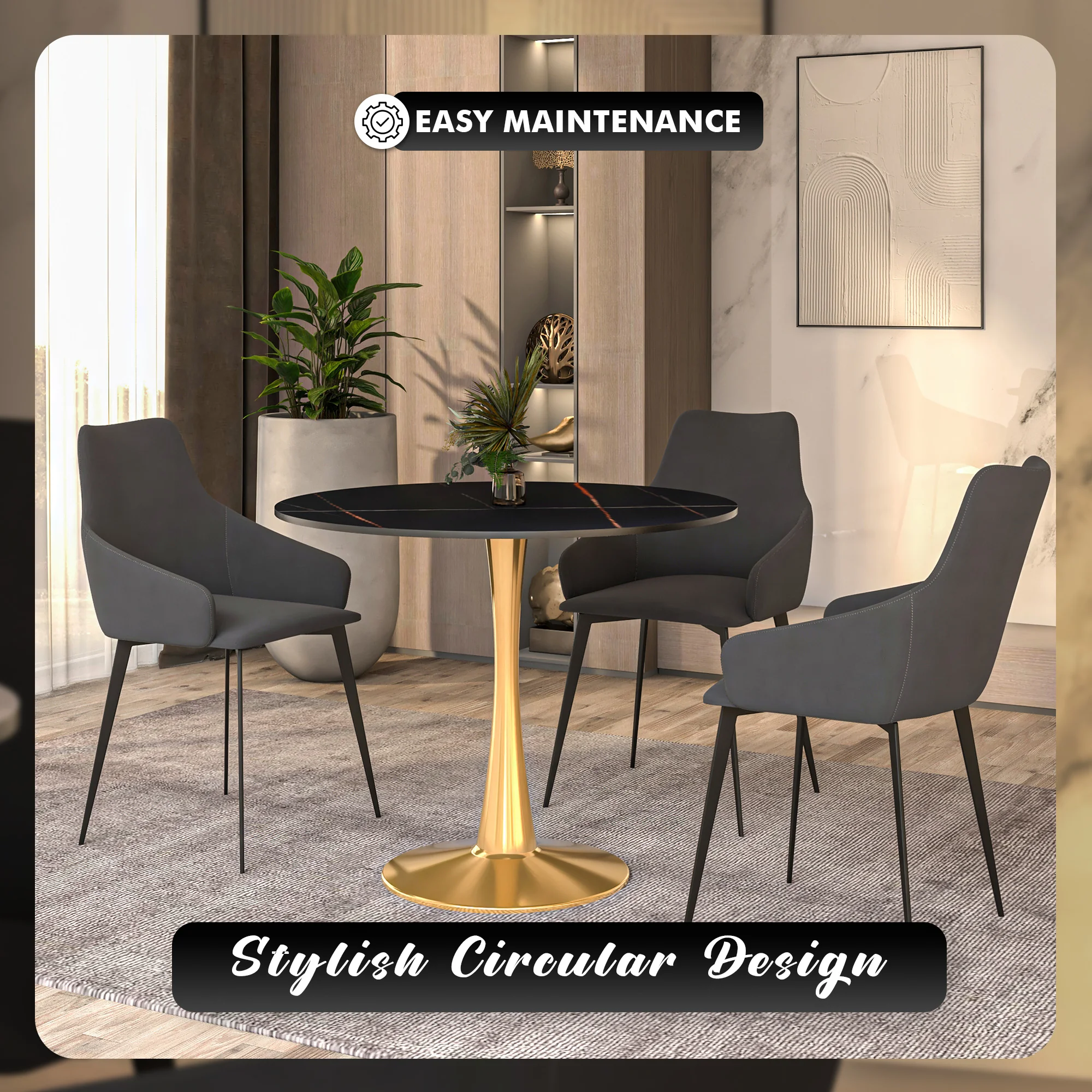 Bristol 35" round dining table Gold base with Black Sintered stone Top