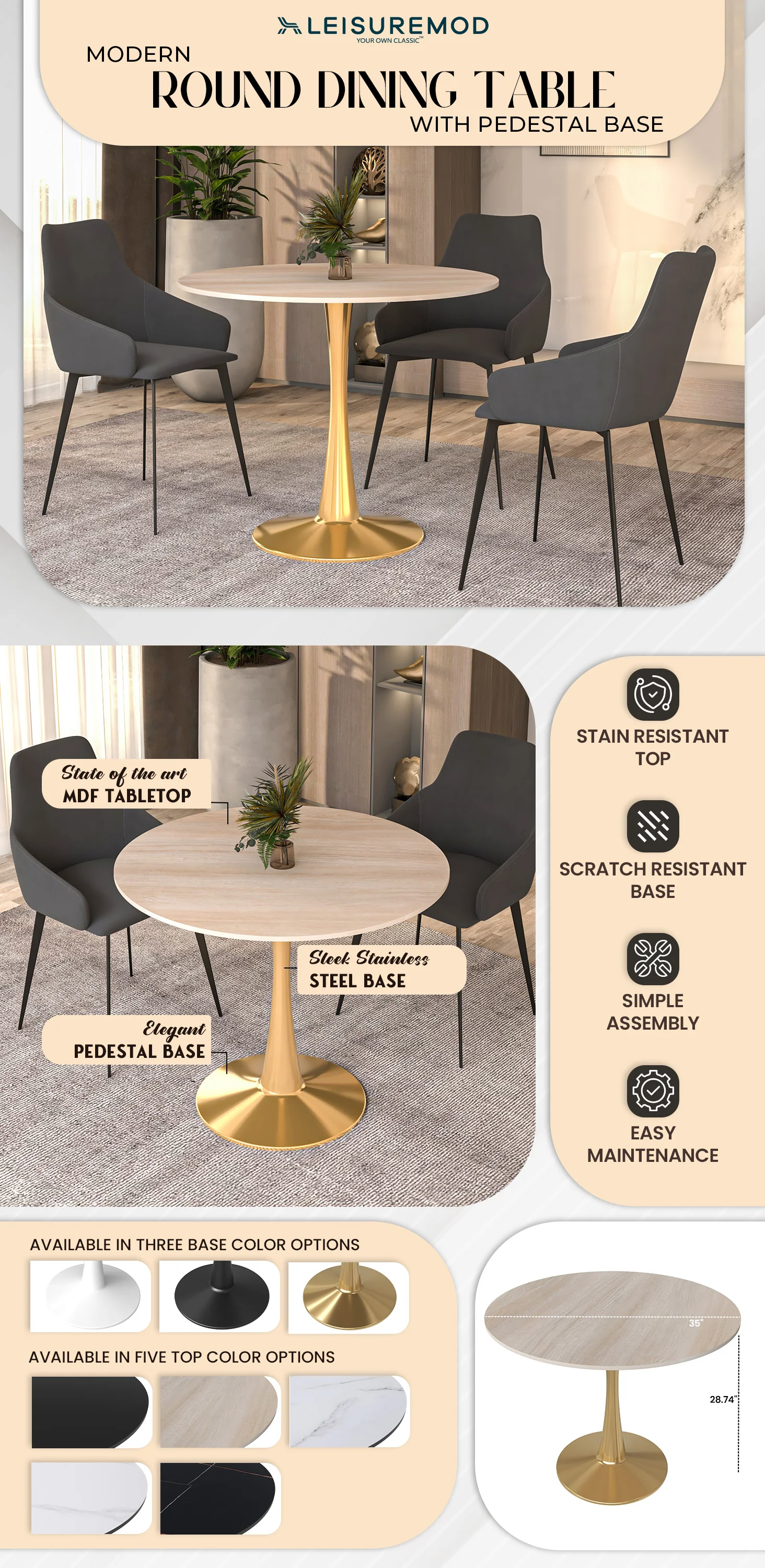 Bristol 35" round dining table Gold base with marbled MDF top